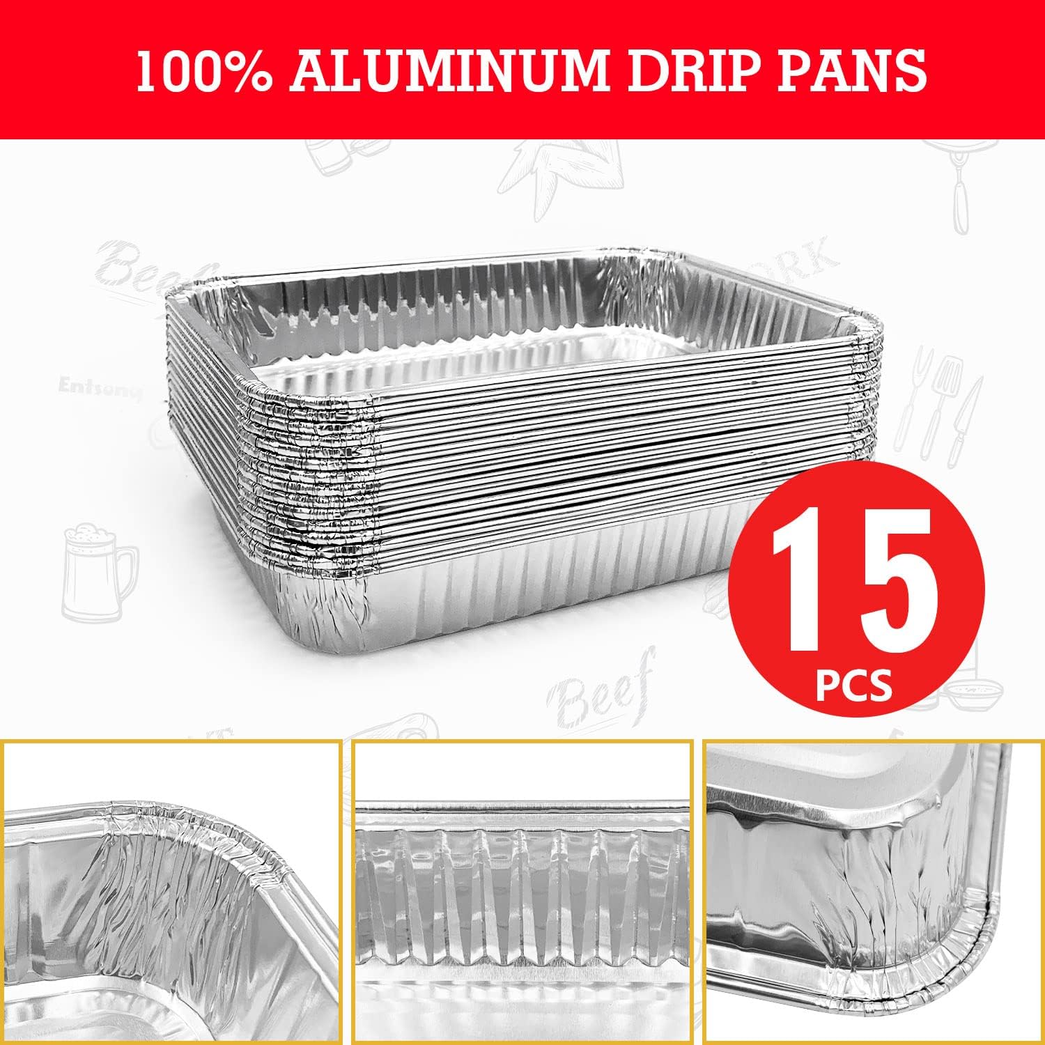 Entsong 15 Pack Aluminum Foil Grill Drip Pans, Compatible with Weber Grills, Smoker Grease Pan Liners, Disposable Oil Trays 8.5" x 6" : Patio, Lawn & Garden