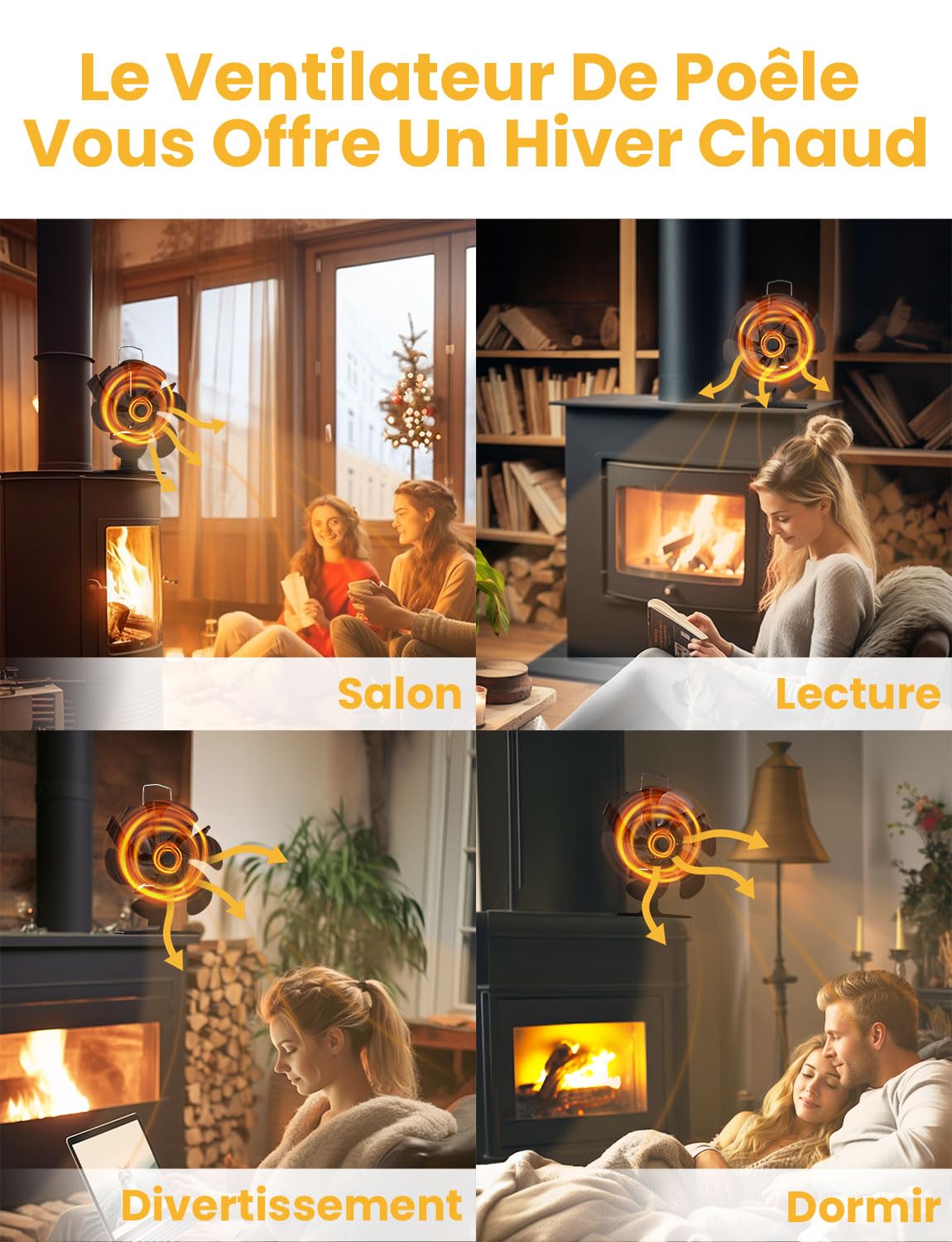 Ventilateur Poele à Bois 6 Pales Ventilateur Cheminée Alimenté à la Chaleur Silencieux Protection Contre le Surchauffe pour Poêle à Bois Cheminée Gaz Bûche Granulé