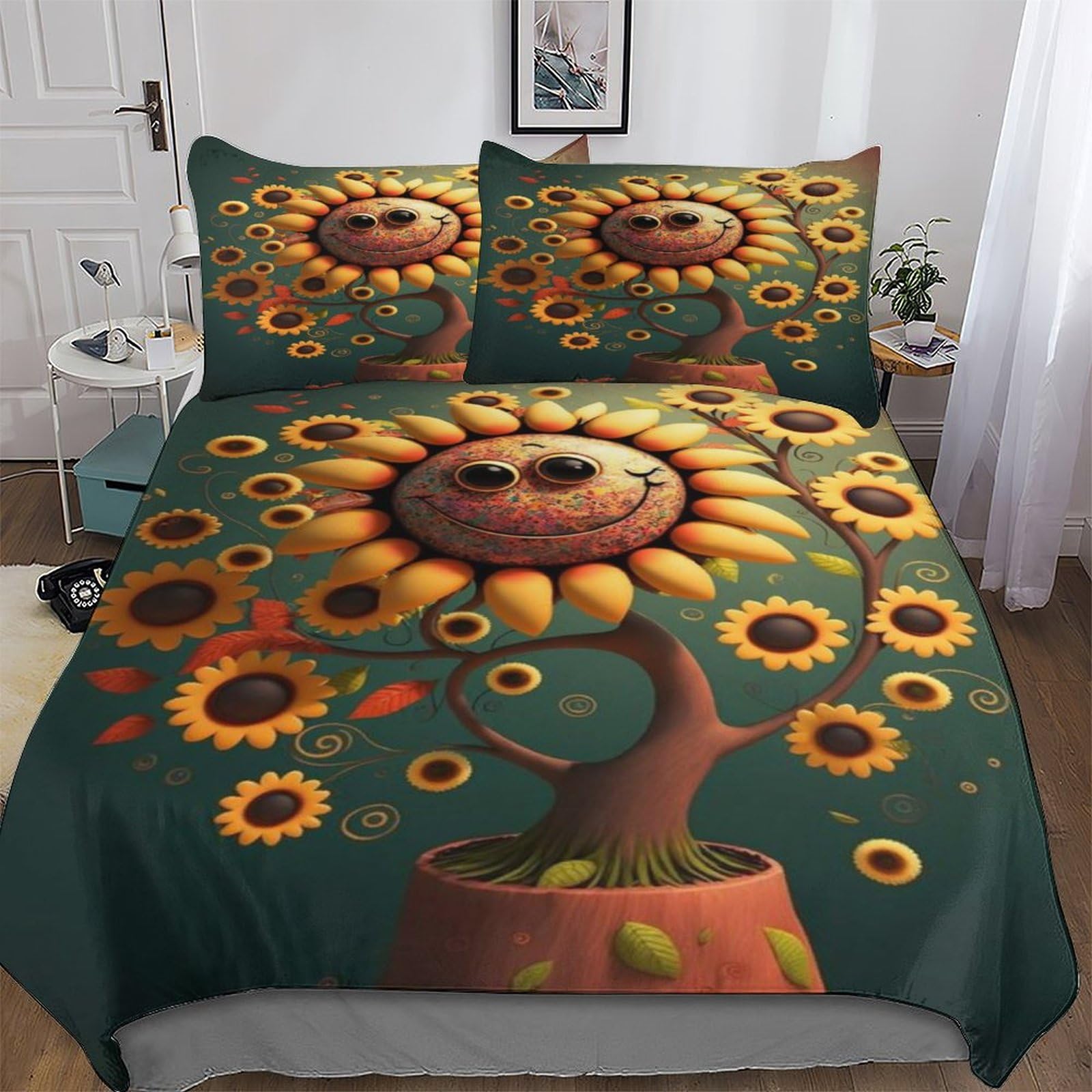 Housse de couette microfibre de lit King 220x240cm lavable et résistante motif tournesol