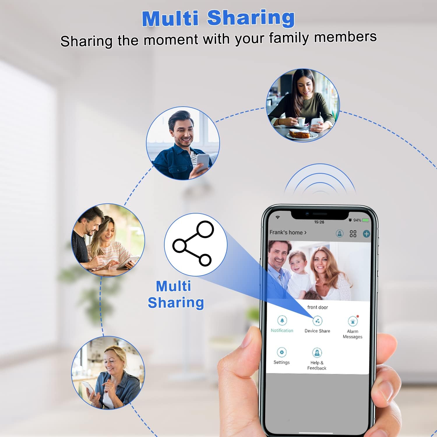 Diagram illustrating the multi-sharing feature of the KAMEP doorbell camera, showing a central smartphone sharing access with several other family members' devices.
