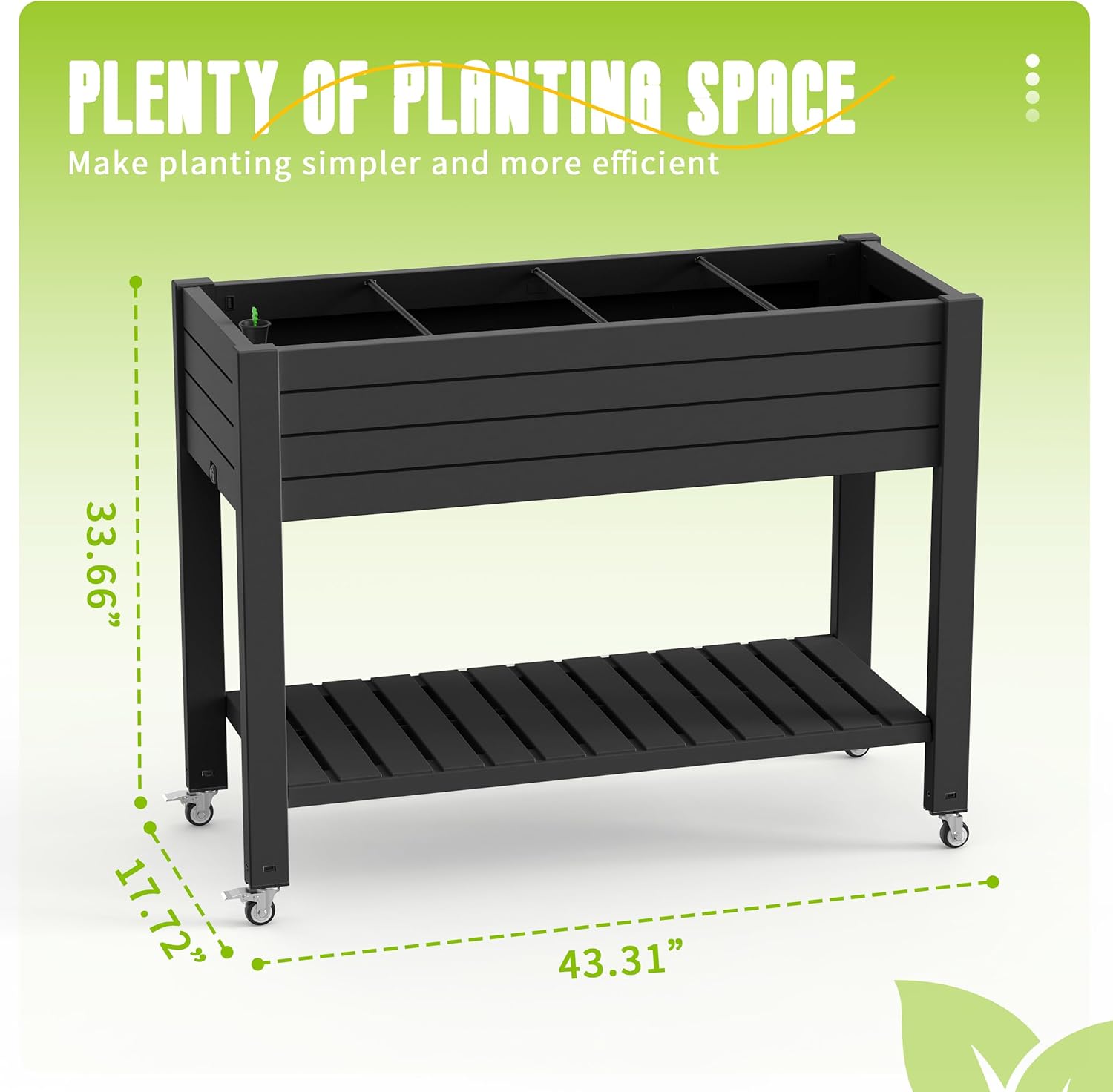 EasyUp 21 Gallon Raised Garden Bed with Legs and Wheels, Raised Planter Box with Drainage Plug and Gauge, Lower Shelf for Tools and Accessories, Dust-Proof Resin for Patio and Backyard(Black)