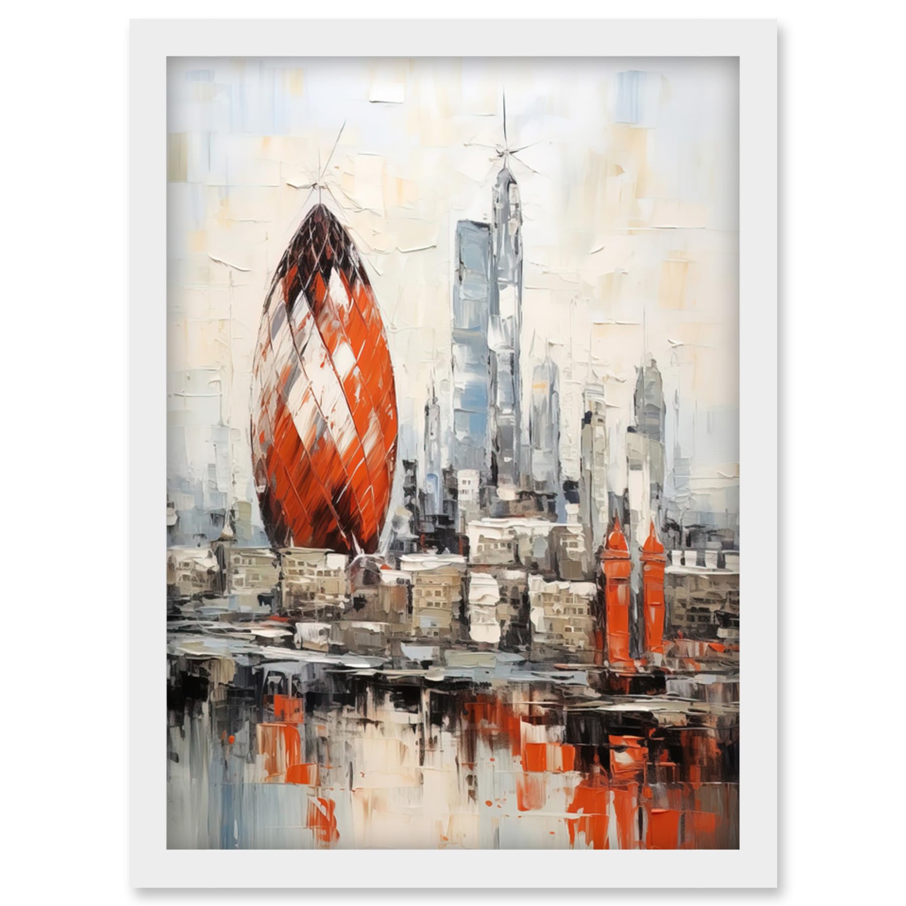 Artery8 London Skyline Abstract Oil Painting Thick Paint Red Gherkin Building River Thames England City Artwork Framed Wall Art Print A4