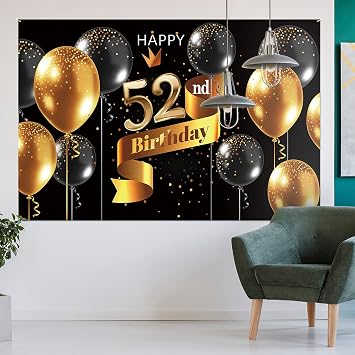 Happy 52nd Birthday Backdrop Banner - 52 Birthday Party Decorations Supplies for Men - Black Gold 3.9 x 5.9ft