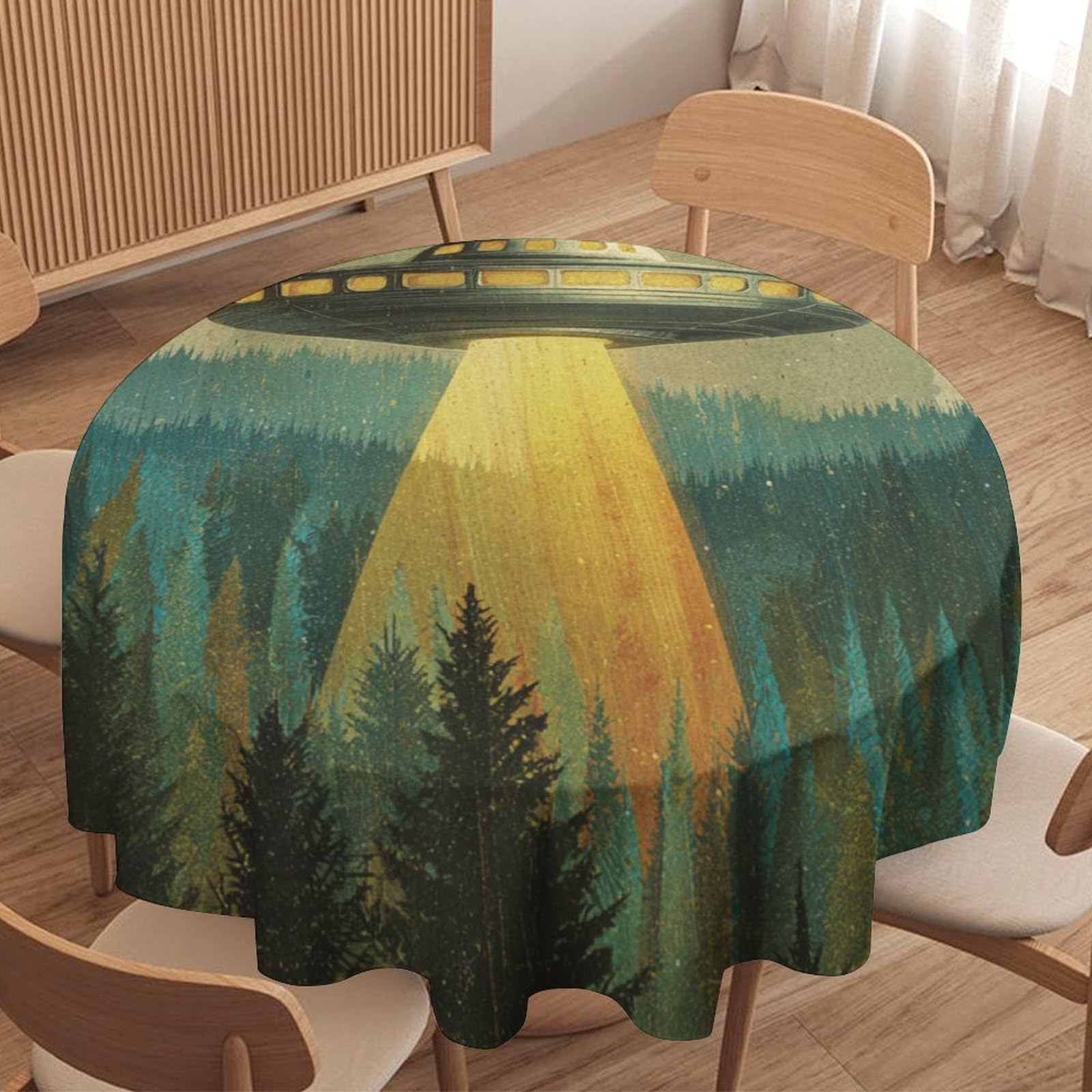 LUYYSKY Retro Beautiful Alien Spaceship Waterproof Round Tablecloth Funny Oil Painting Full Moon Pine Forest UFO Pattern Washable Table Cover for Kitchen-177.8" Wx177.8 L cm