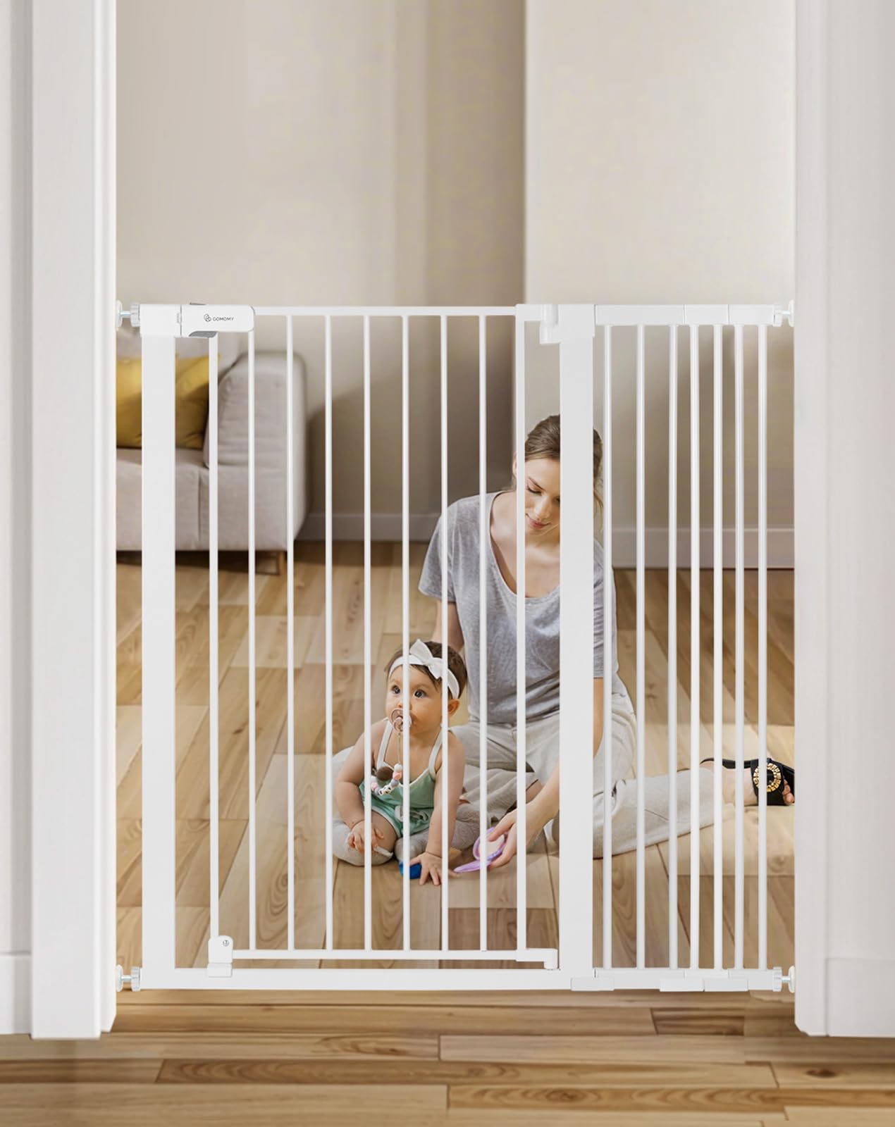 COMOMY 107 cm Extra Hoch Türschutzgitter, 75-110 cm Breit Treppenschutzgitter ohne Bohren, Türgitter für Baby, Kinder, Hund und Katze, Metall, Automatisches Schließen, 90°Stop (Weiß)