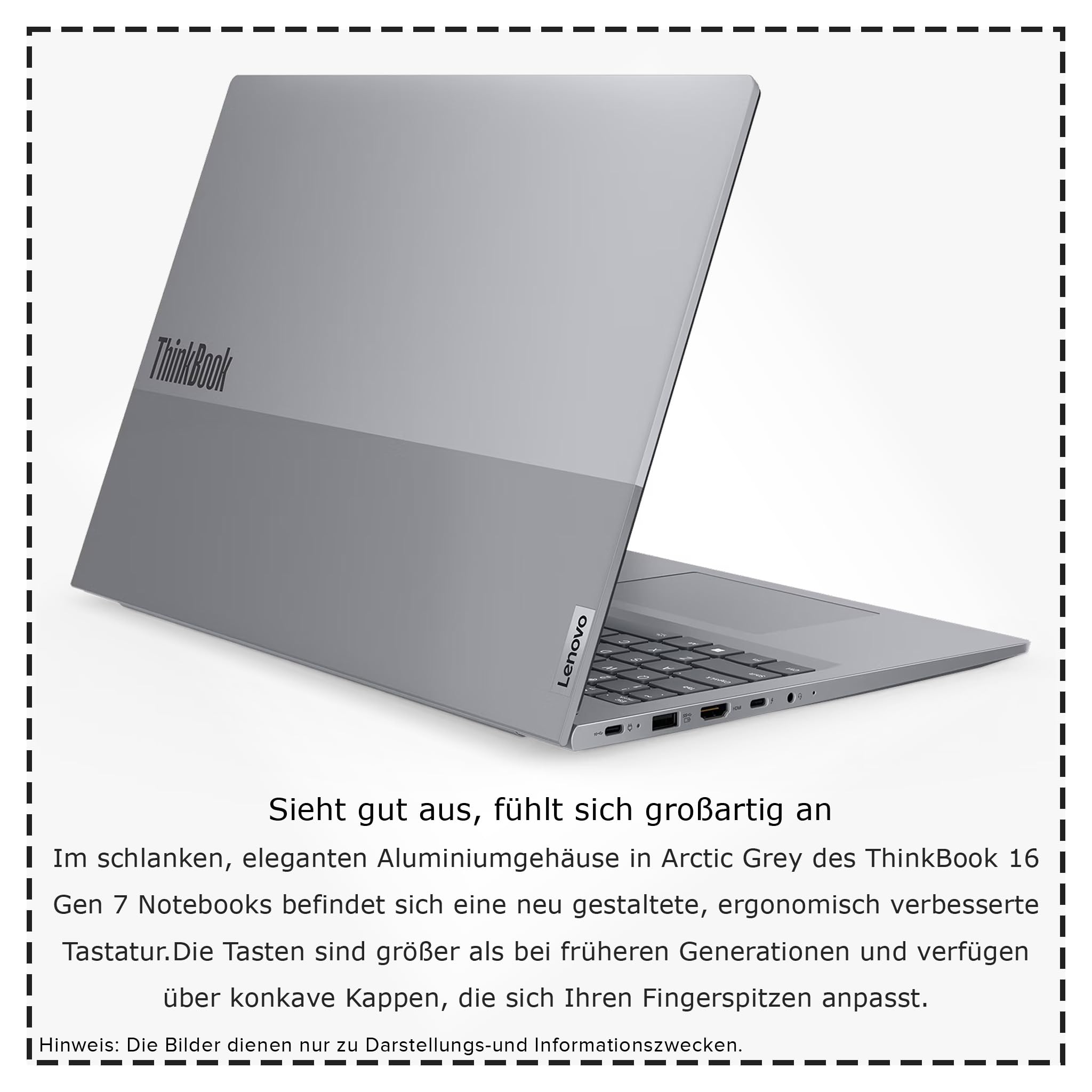 Lenovo ThinkBook 16 G7 ARP Business Laptop, AMD Ryzen 5-7535HS, 16 GB DDR5 RAM, 512 GB PCIe SSD, 16" WUXGA Display, AMD Radeon 660M Graphics, Deutsches Tastatur-Layout, Windows 11 Pro, Arctic Grey