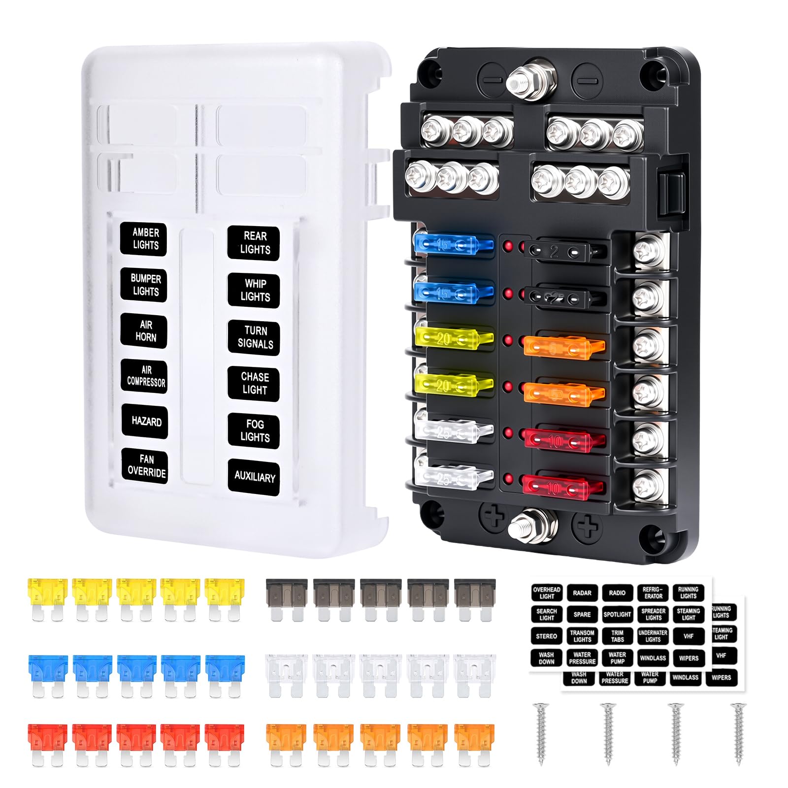 Gerbala 12 Voies Boîte à Fusibles, Blocs Fusible Lame avec Indicateur LED, porte fusible 12V etanche, avec 30 Fusibles à Lame, Couvercle Anti-Poussière, pour 12V/24V DC Voiture, Bateau, Camion