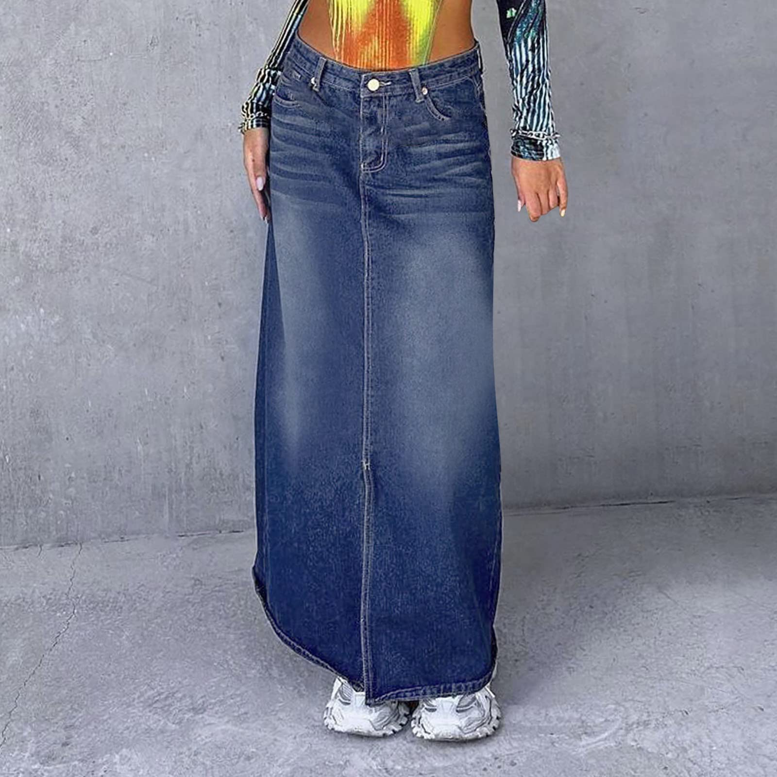 Faldas Mujer-Mujeres Casual Cómodo No Elástico Estilo Retro Viejo Denim Medio Cuerpo Falda Larga
