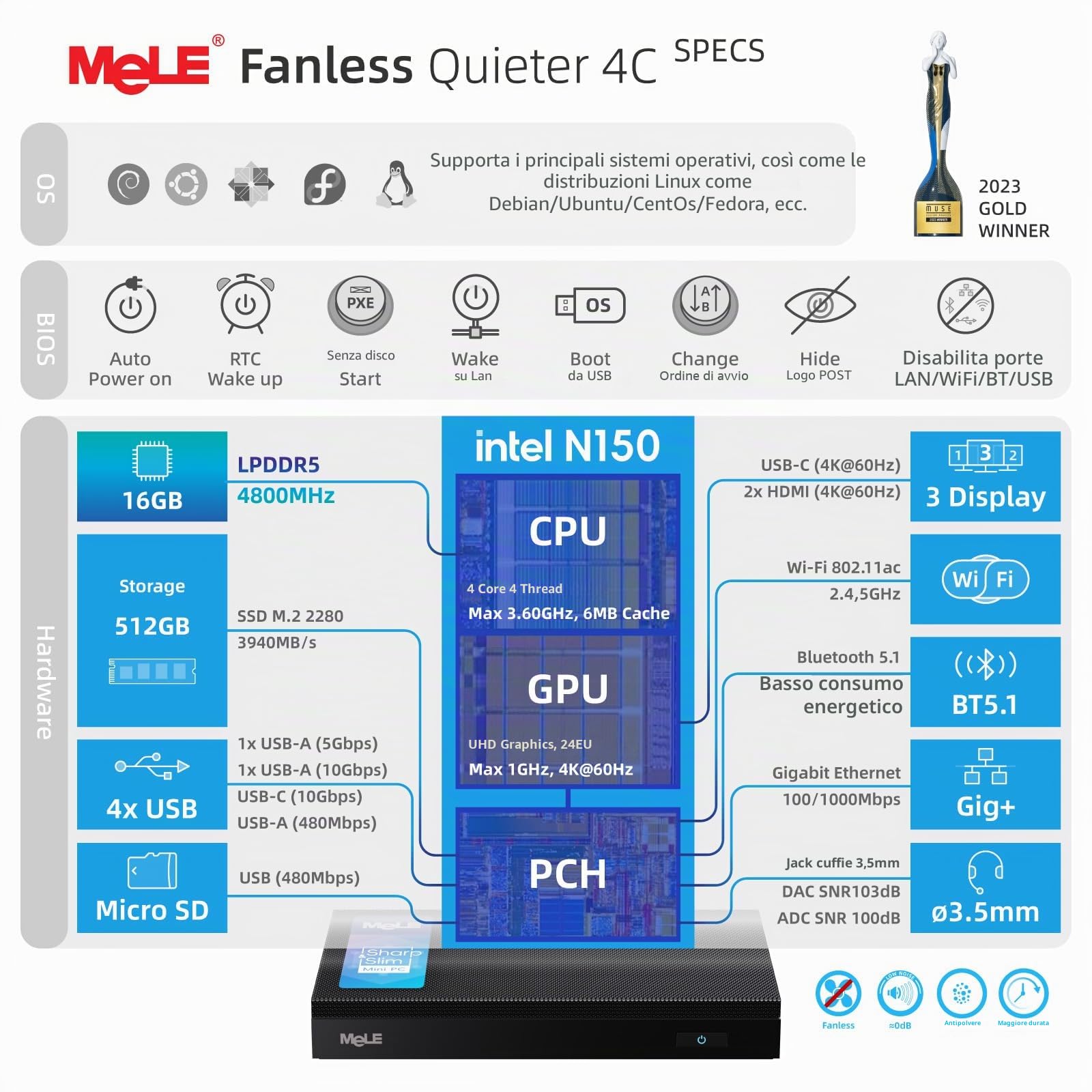 Mele Quieter 4C Mini PC Fanless, N150 16GB 512GB, Triplo Display 4K | N150 fino a 3.6GHz, 16GB RAM, 512GB SSD, doppio HDMI+USB-C triple 4K, Wi-Fi 5, BT5.1, compatibile astrofotografia, VESA