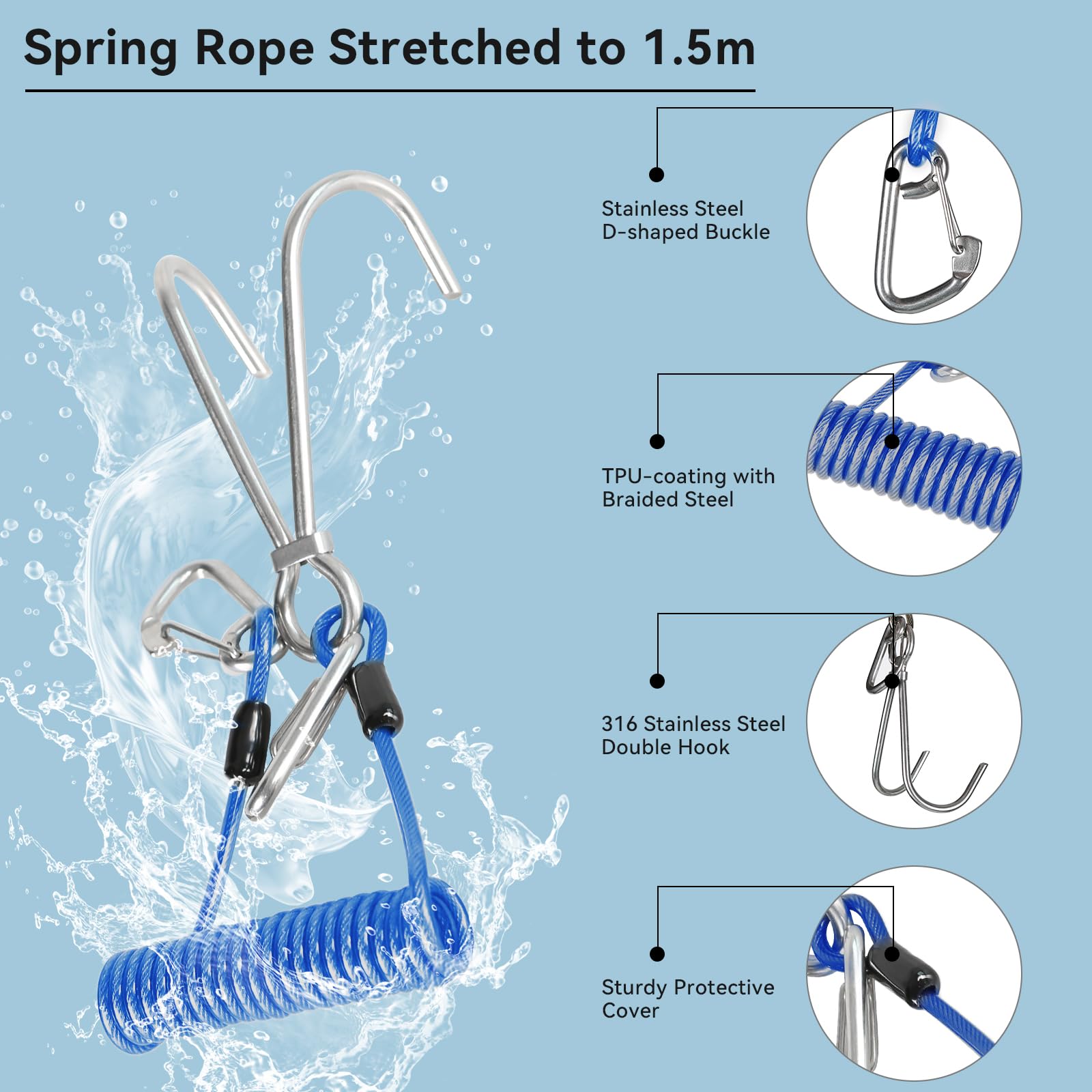 Crochet De Plongée Dérive En Acier Inox 316 – Double Crochet Récif Avec Lanière Spirale Élastique 1m, Anti-Perte, Noir