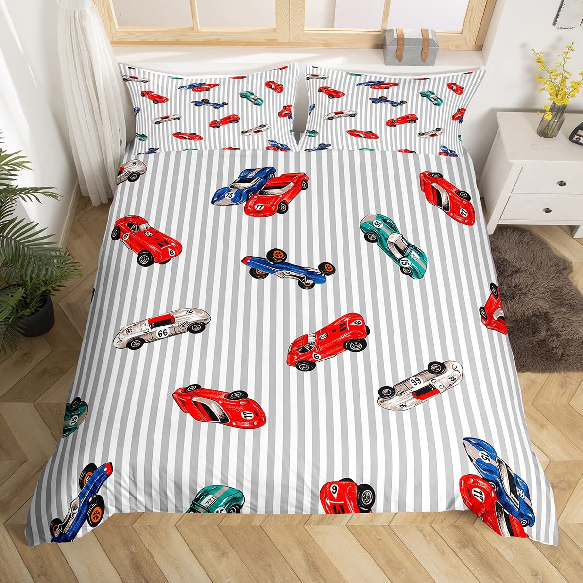 Homemissing Racing Housse de Couette 220x240cm Voiture de Sport extrême Parure de Lit Racing Suit Blanc Gris matelassé Ensemble de Literie Enfants garçons Filles, Microfibre
