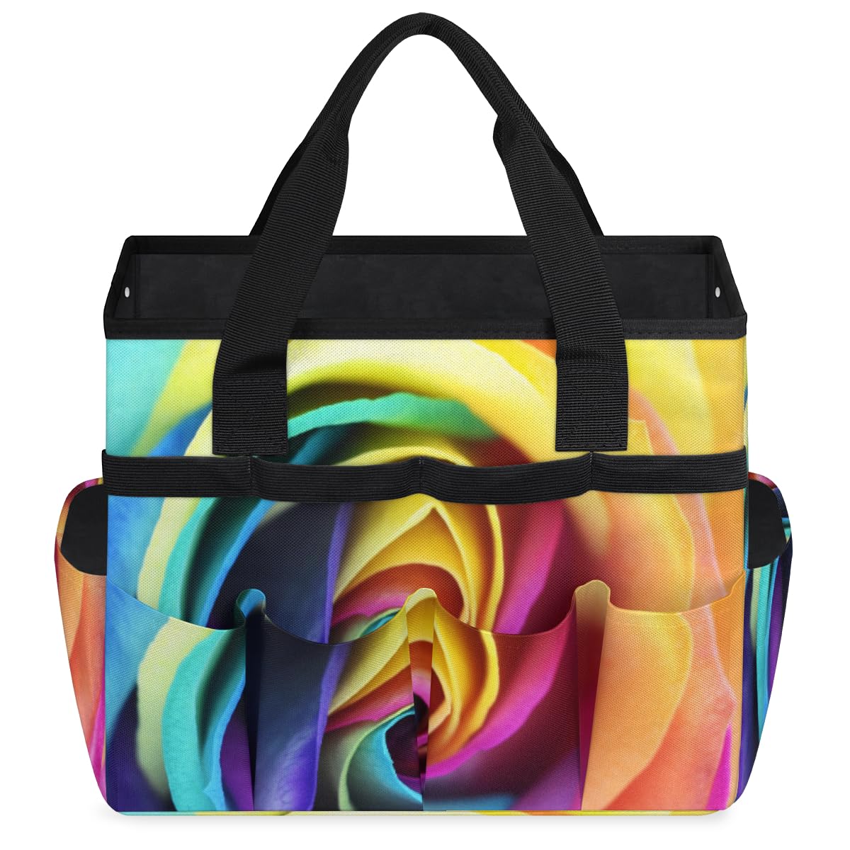 Colorful Rainbow Rose Garden Tool Bag Waterproof Gardening Tool Storage Bag with Handle & 10 Pockets Gardening Tote Bag for Women Garden Tool Organizer