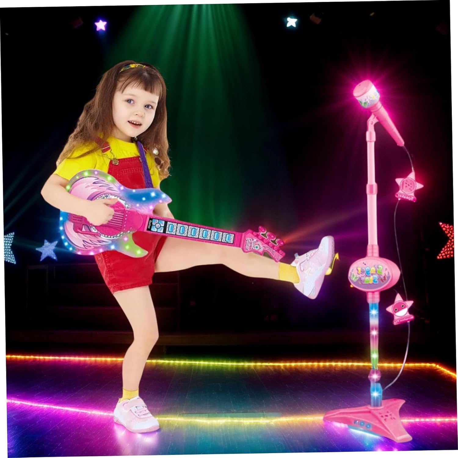 Guitar and Microphone for Kids, Toy Guitar with Music & Light, Adjustable Height 2 in 1 Kids Microphone with Stand, Learning Toy Instruments