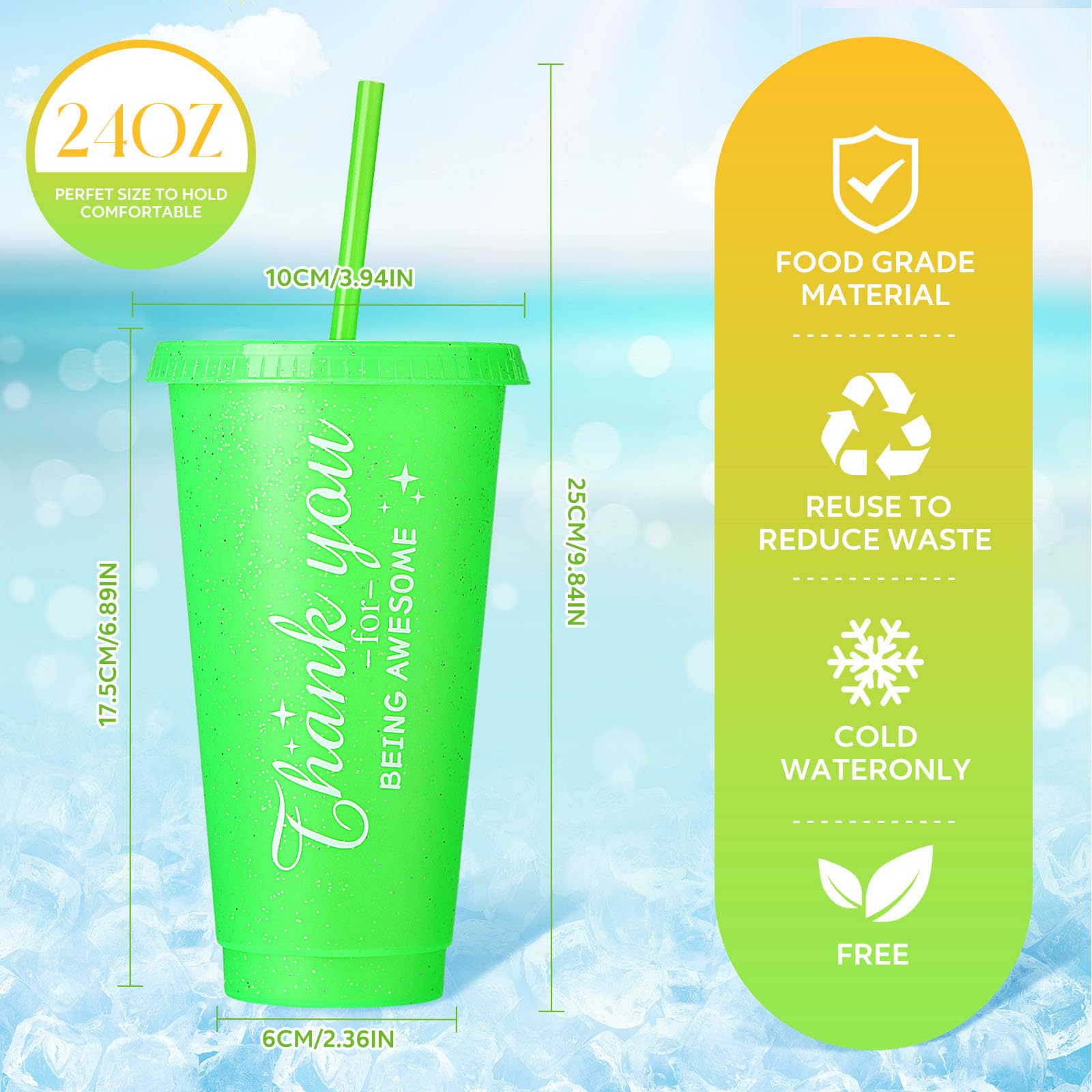 24 Stück Inspirierende Dankeschön-Becher – 680 Ml, Kunststoff, Mit Deckel & Strohhalm, Für Kollegen, Freunde & Partys