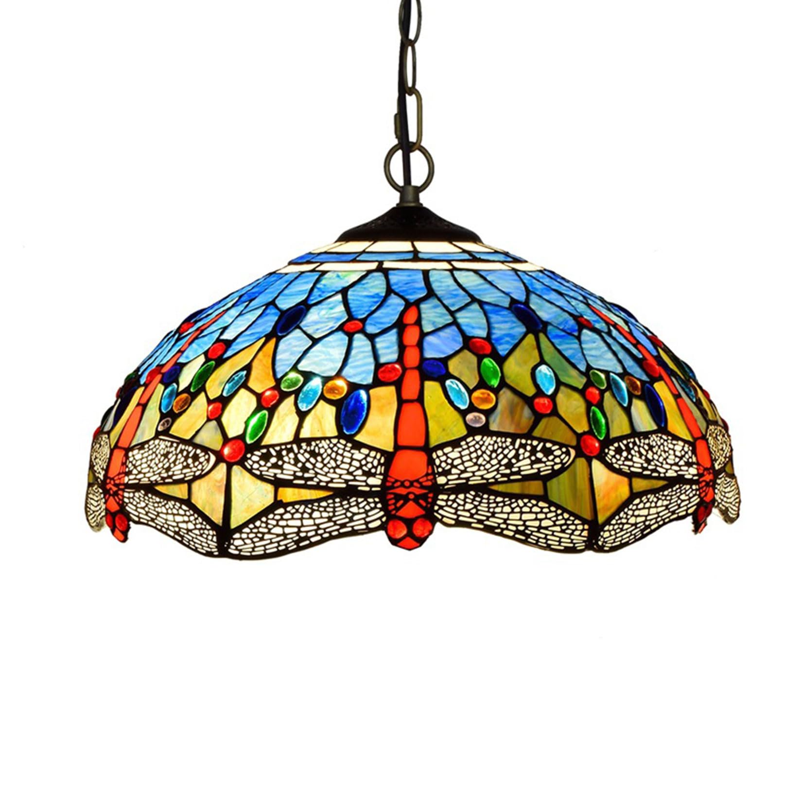 NHPJFDC Tiffany Chandelier Lamp Baroque and Dragonfly Stained Glass Pendant Light Fixture, Vintage Hanging Lamp for Aisle Balcony Hallway Bedroom Kitchen Dining Room,16 Inch,Blue B