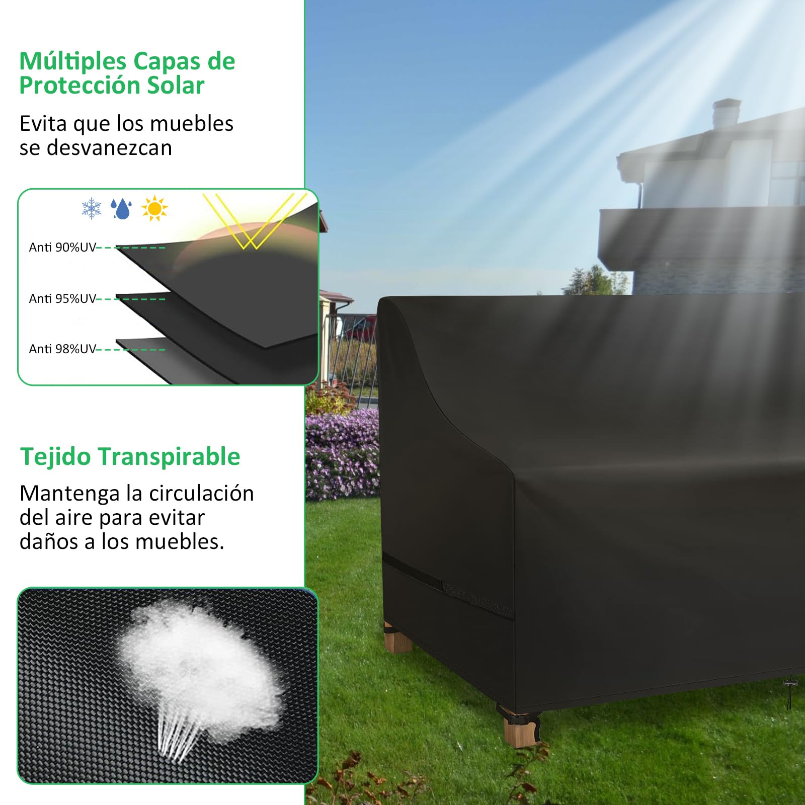 Funda Sofá de 3 Plazas, Fundas Muebles Jardin Exterior Impermeable, 600D Tela Oxford Protección contra la lluvia, el Viento, el sol y el Desgarro, Funda Sofa Exterior (165x70x65/94cm)