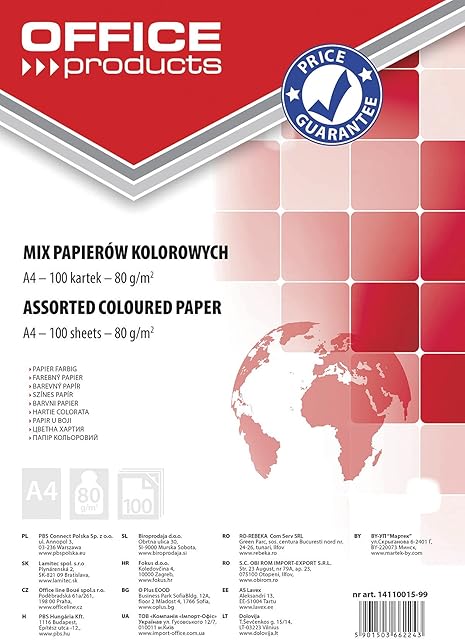 Papier Kolorowy OFFICE PRODUCTS A4 100 Arkuszy 80gsm Mix Kolorów/Papier i Etykiety/Typ-Pastelowy/Materiał-Papier/Kolor-Mix Kolorów/Gramatura (g/m2)-80 / Wymiary (mm)-210x297 / Format-A4