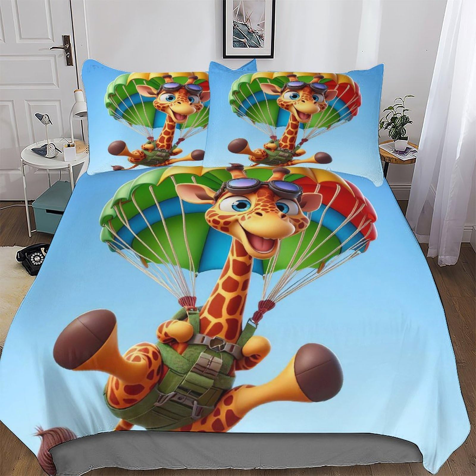 Parure de lit girafe 200x200 cm avec housse de couette et taie d'oreiller en microfibre