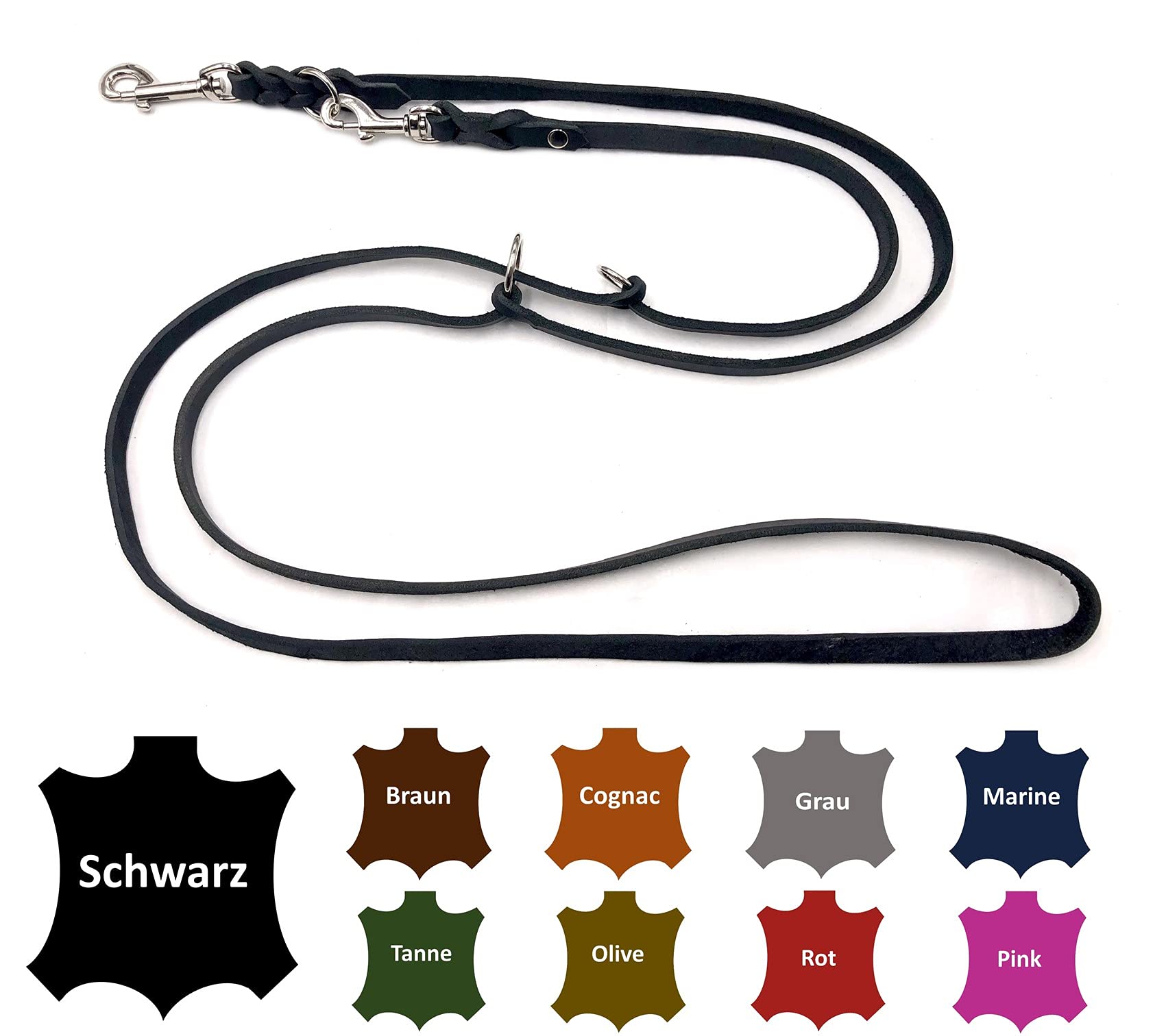 Hundeleine Fettleder kleine Hunde/große Hunde 2m / 2,40m / 2,80m / 3,50m / 5m Doppelleine verstellbar (2,40m X 12mm, Schwarz)
