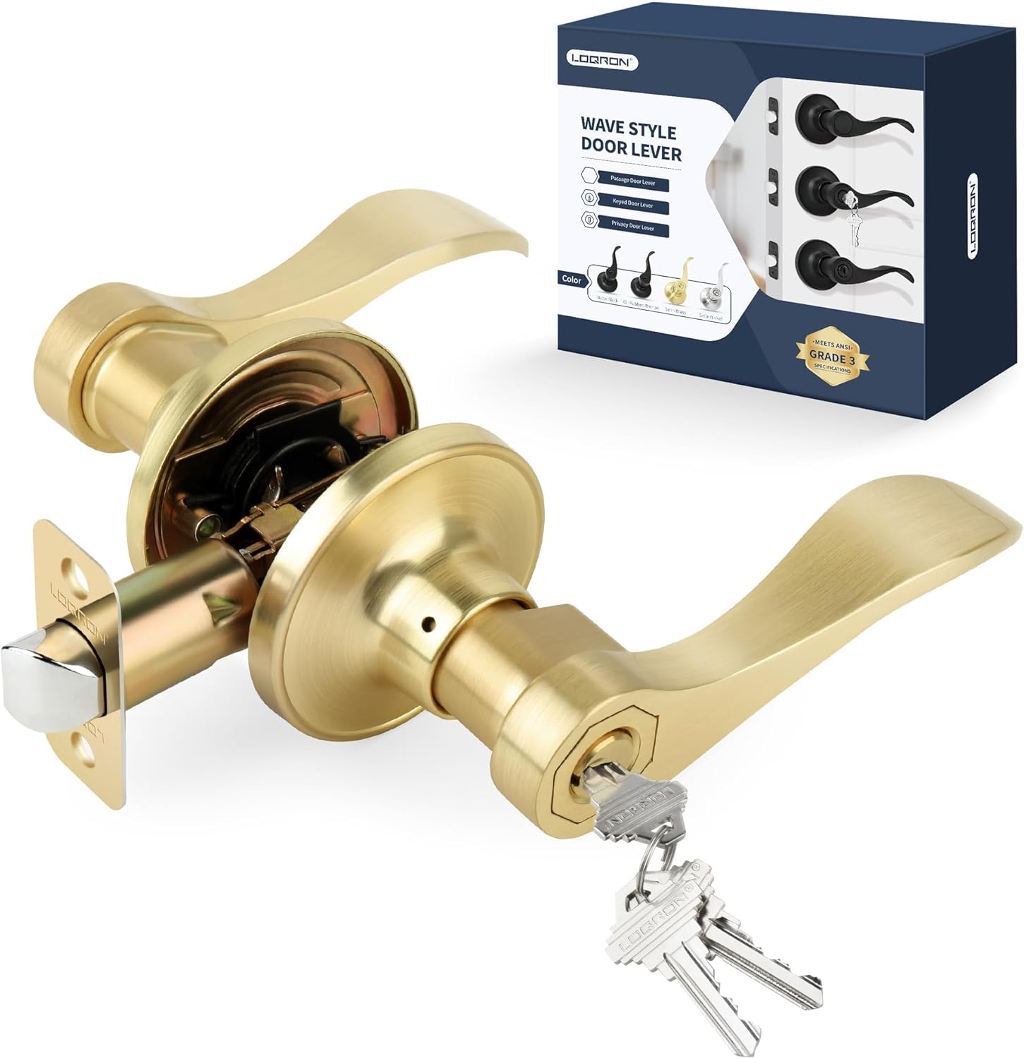 Wave Style Door Lever, Brushed Gold Keyed Entry Door Handle with Lock, Gold Entrance Lever Reversible for Left/Right Handed for Office or Front Door with Satin Brass Finish, 1 Pack 1 Pack Keyed Entry Satin Brass
