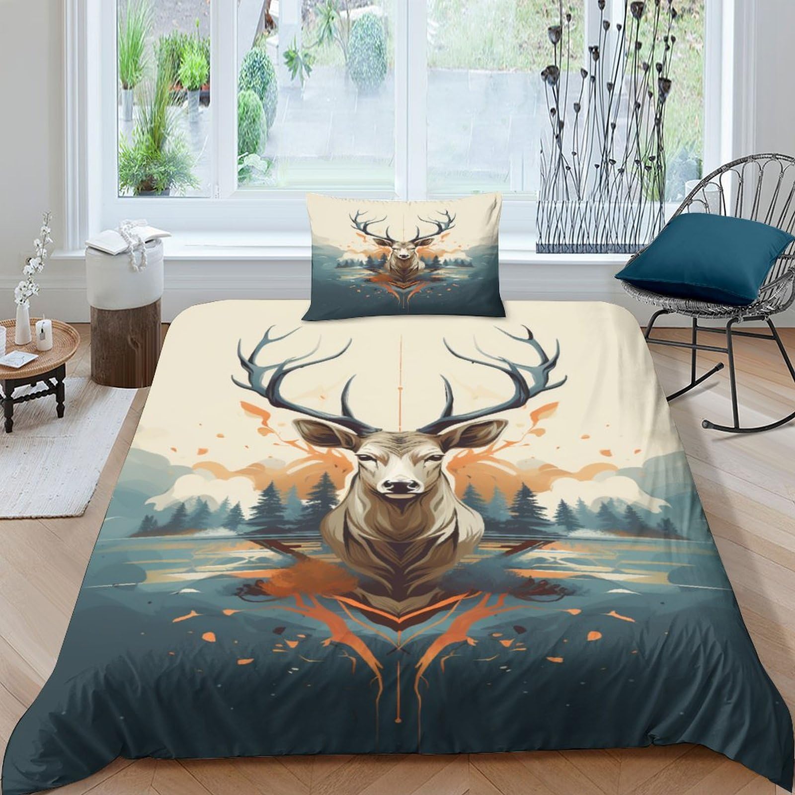 Parure housse de couette cerf 3D au fini haut de gamme et microfibre premium 135x200