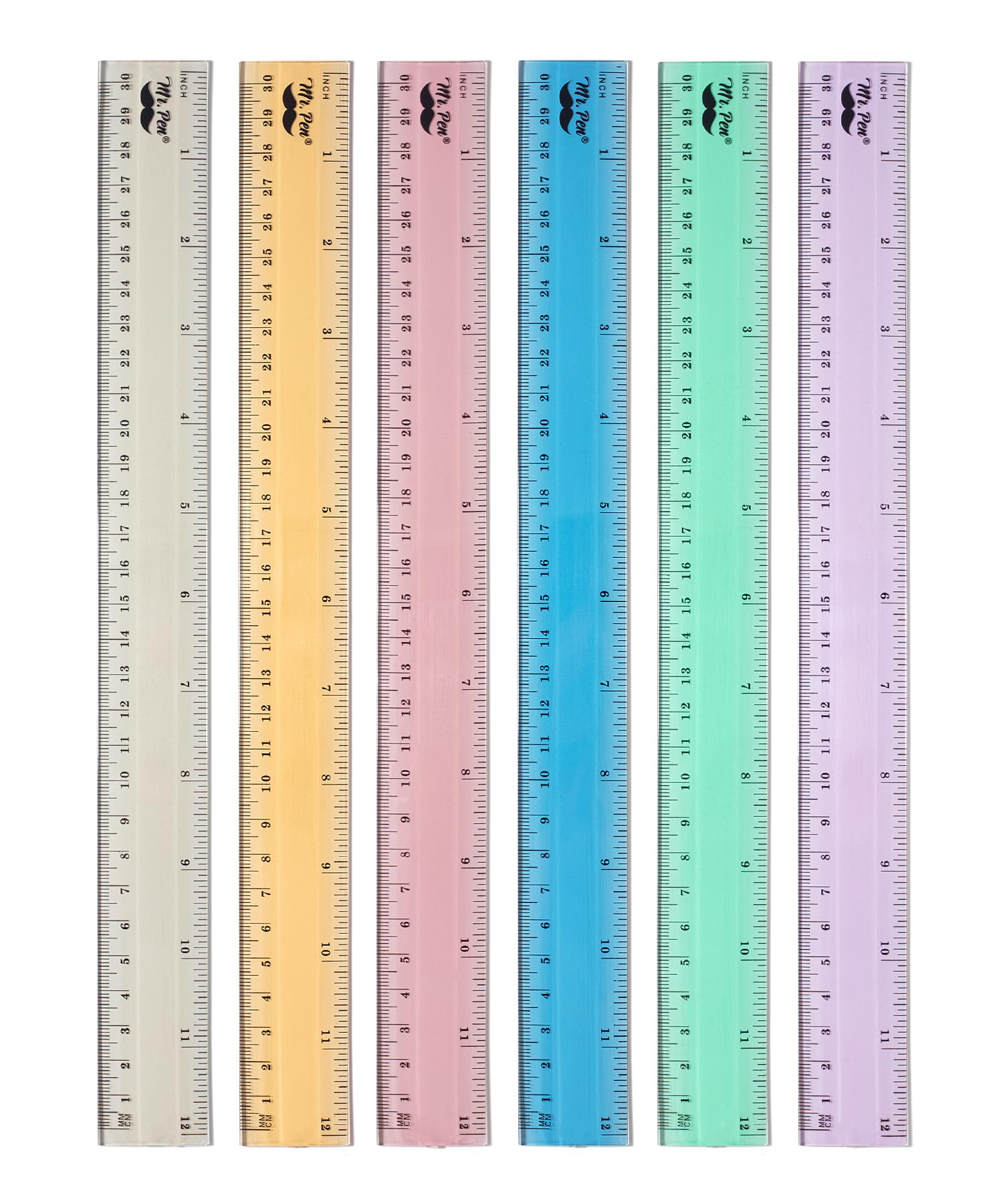 Mr. Pen- Plastic Rulers, 12 Inch, 6 Pack, Morandi Colors, Metric & Imperial, Clear Ruler Set