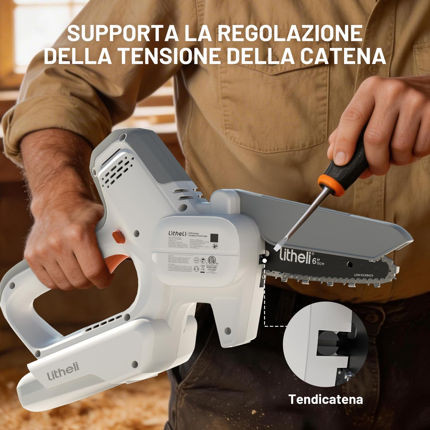 Litheli Mini Motosega a Batteria 10000 mAh, 20V, 6 Pollici Sega a Batteria per Potatura, Tensione della Catena Regolabile, Blocco di Sicurezza, Mini Motosega Elettrica per il Taglio del Legno