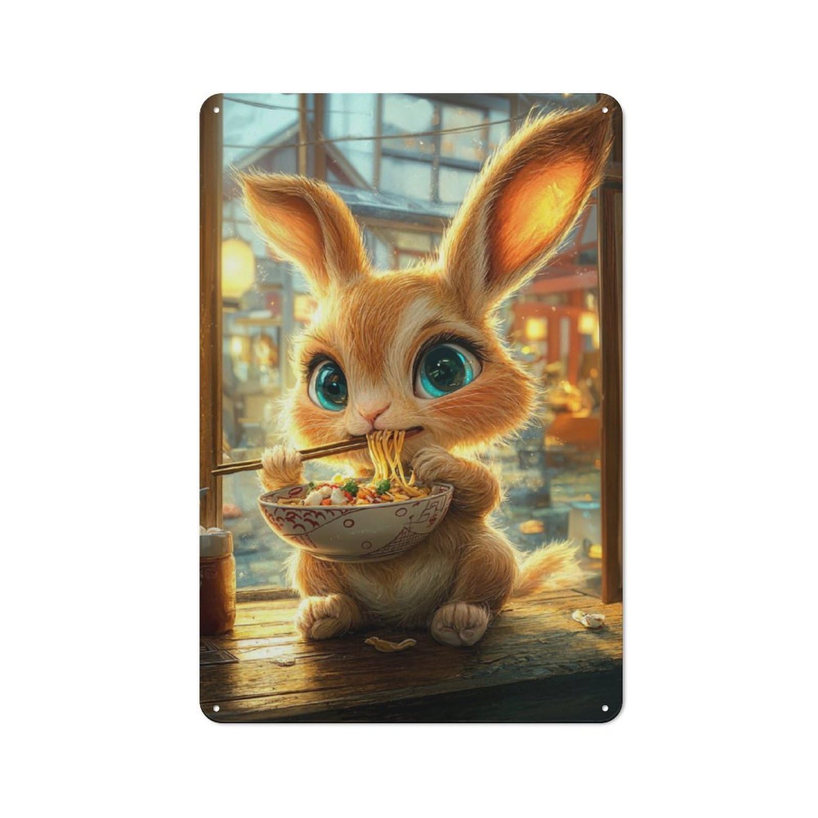 Man Cave Cute Bunny Eating Ramen Tin Wall Sign, Wall Decor for Workshop, Shed And Game Room, 30x20cm