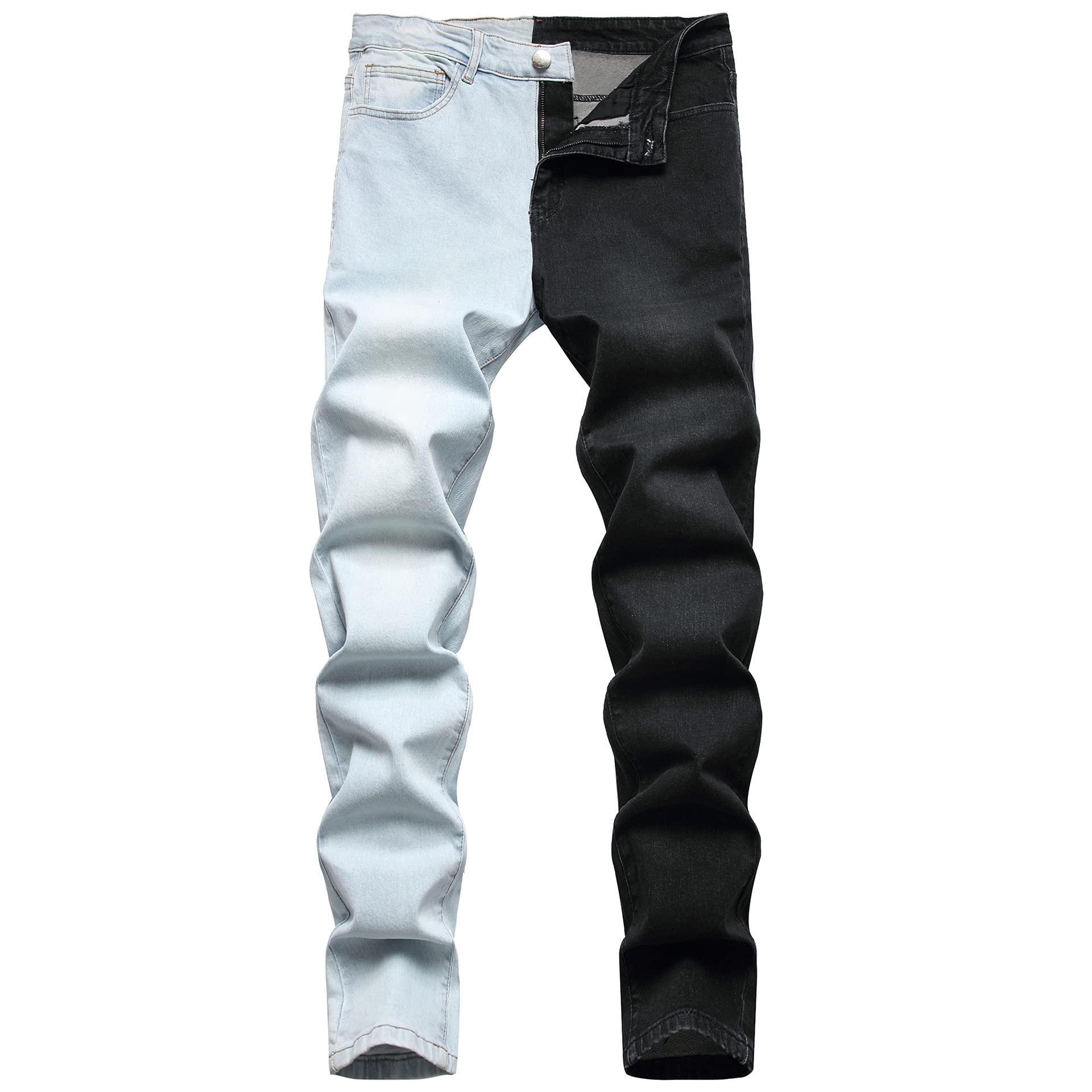 Herren Skinny Jeans Mode Casual Schwarz Rot Weiß Patchwork Slim Fit Baumwolle Demin Bleistift Hosen Größe 28-38, Hellblau + Schwarz, 52