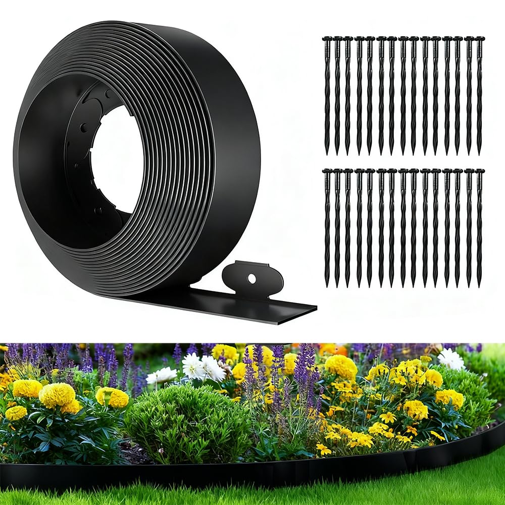 Landscape Edging, 33ft x 4inch Tall Plastic Garden Edging Border with 30 Spikes, Lawn Edging for Landscaping Flower Bed, Yard, Patio-Black