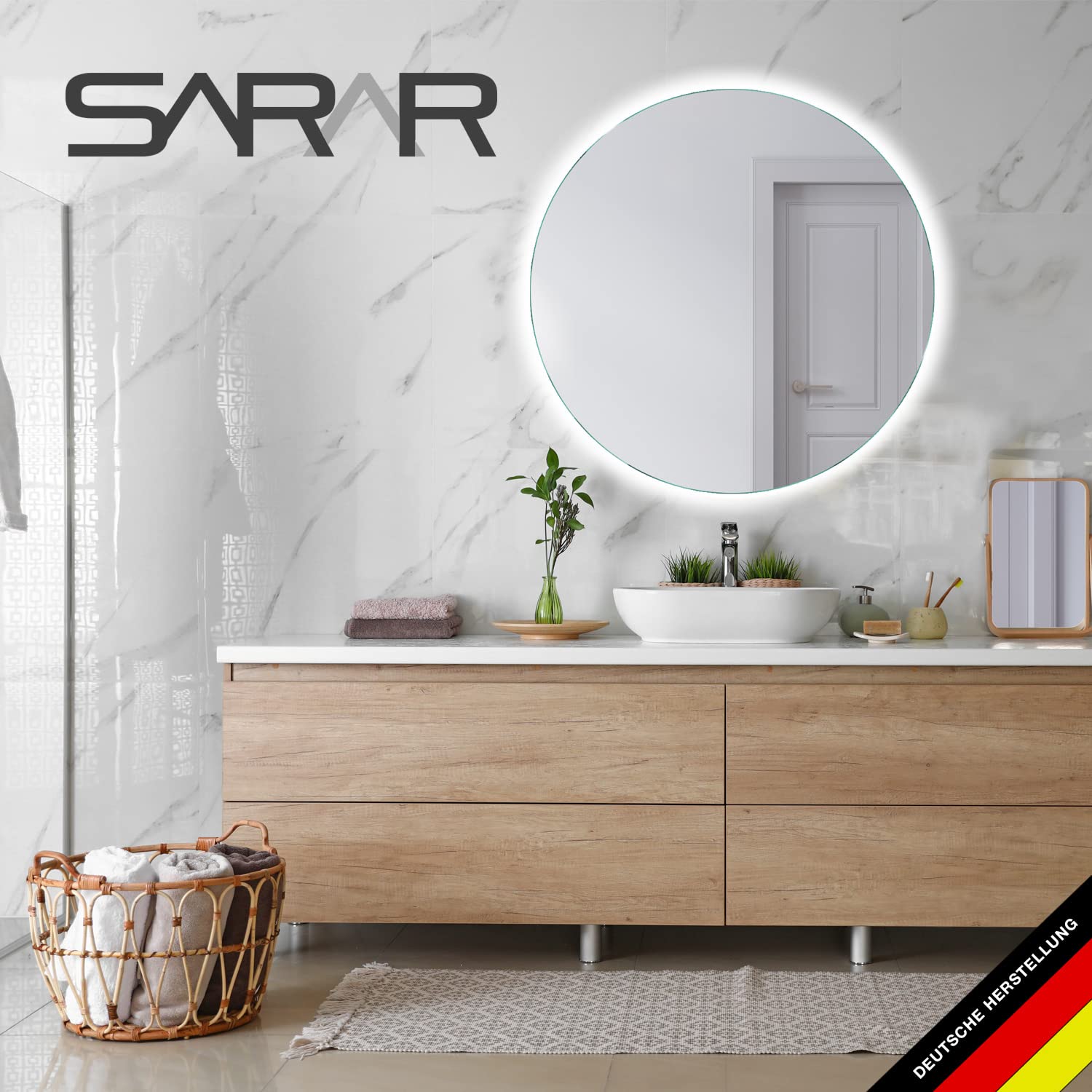 SARAR Runder Badspiegel Spiegel Badezimmerspiegel mit indirekter rundum LED-Beleuchtung 120cm Made in Germany Wandspiegel Mirror Spiegel Bad mit Licht Designo MAR113