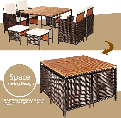 Miniatura 7 de Happygrill Juego de 9 piezas de comedor para patio al aire libre con asiento acolchado mesa de comedor que ahorra espacio con mesa de madera de