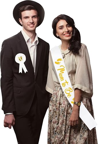 Miniatura 5 de NEWHAPPYLAND - Decoración de baby shower, con tema neutro, pin de insignia de papá para ser y mamá para ser banda blanca con banda dorada con letras