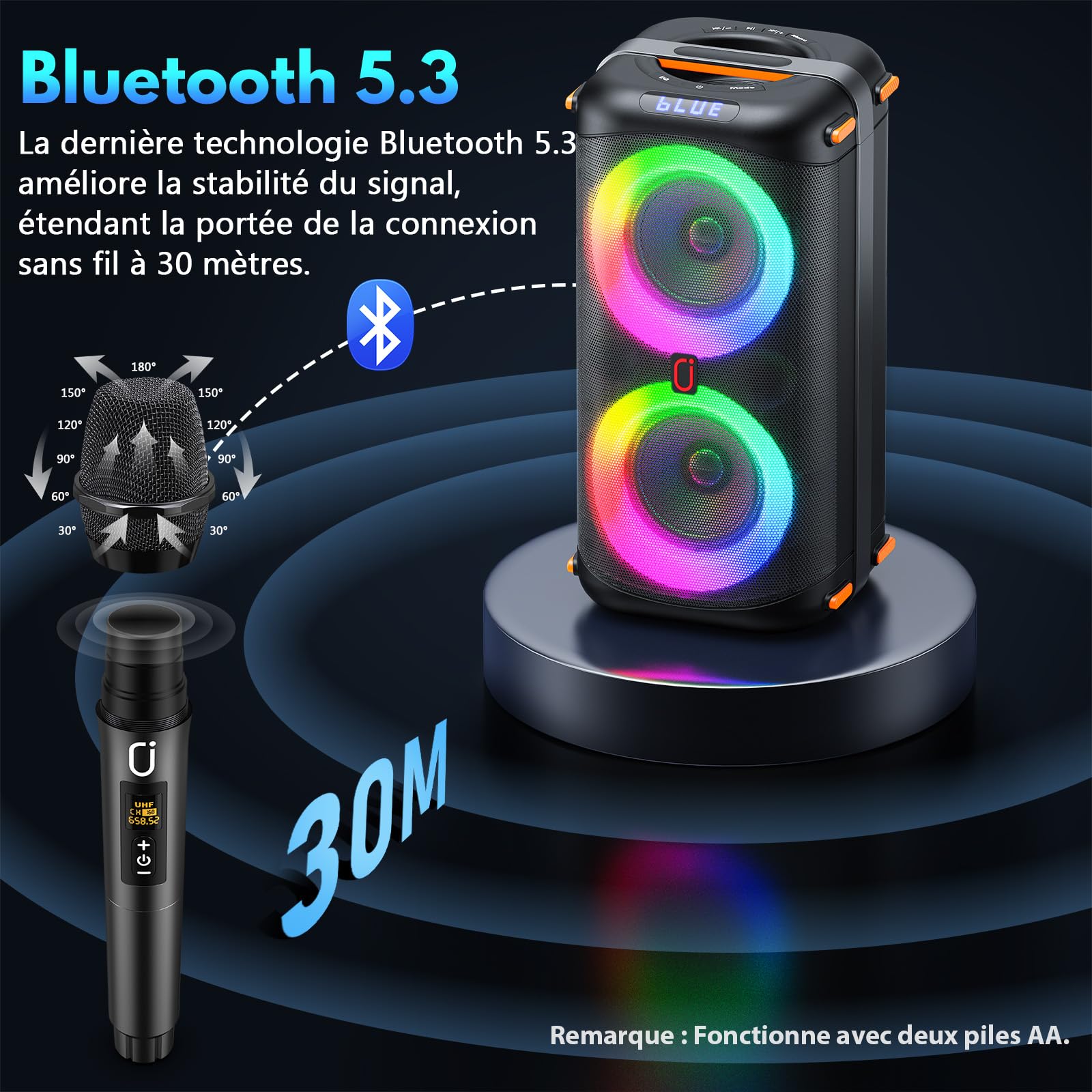 HWWR Enceinte Karaoke 2 Micro sans Fil, Puissance Max 300W Karaoké Professionnel, 10000mAh Portable Bluetooth 5.3 avec LED Haut-Parleur Amplifié Portable Système Karaoké Soutien