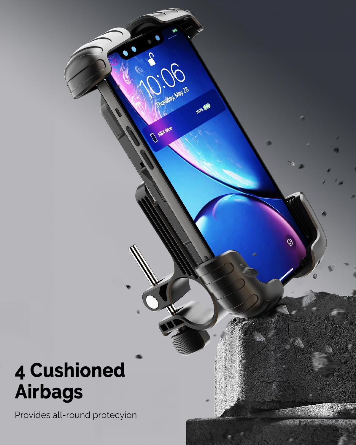 Close-up of the Atomi Tuobo-1 phone holder with cushioned airbags