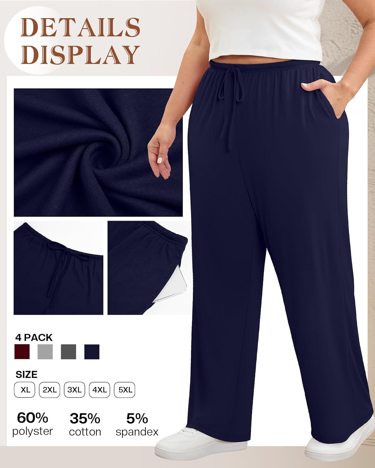 4 Pack Women's Plus Size Lounge Pants with Pockets, Wide Leg Yoga Loose Drawstring Pants Casual Sweatpants Jogger - Image 4
