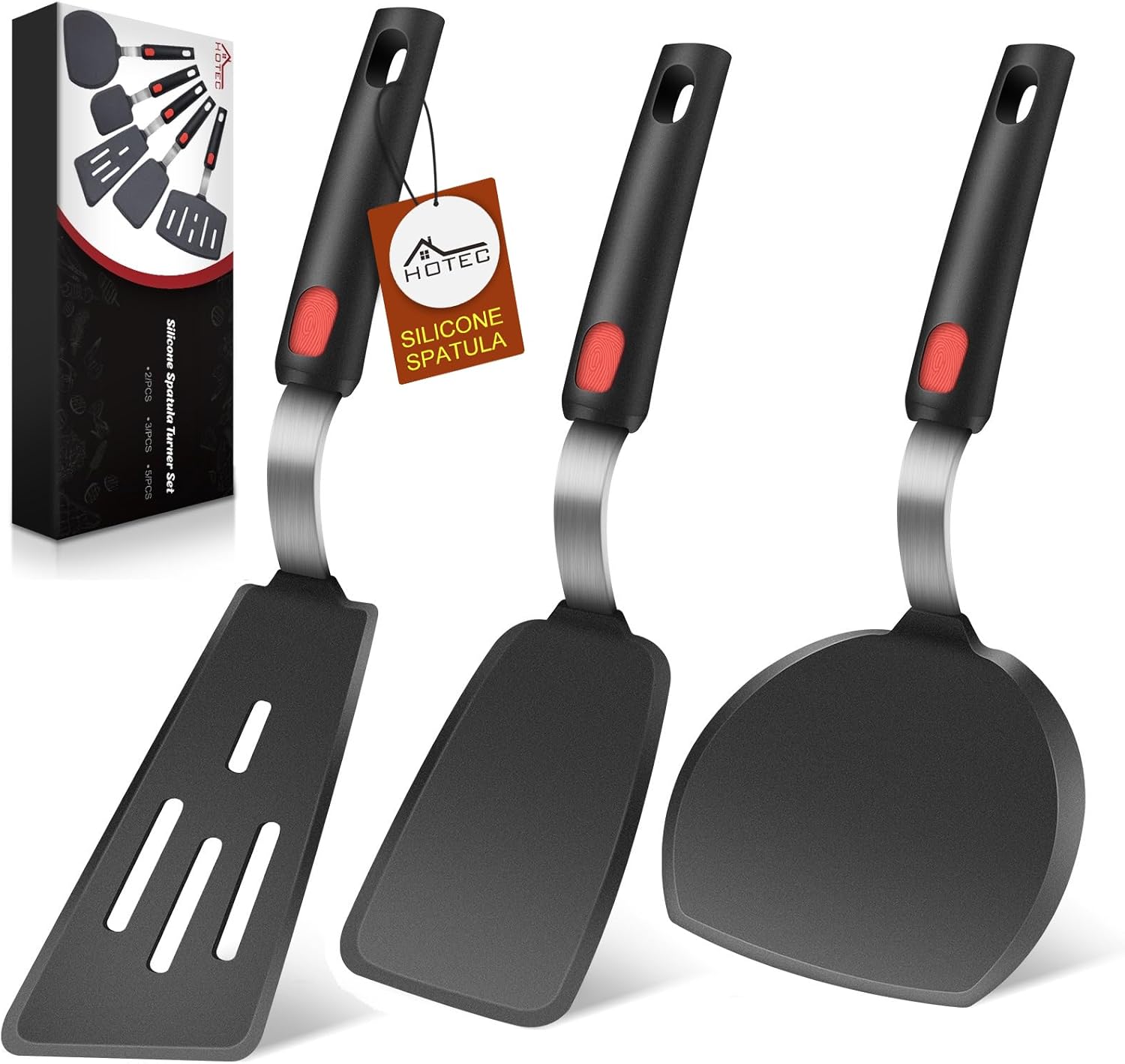 Hotec Silicone Turner for Nonstick Cookware, Heat Resistant Flexible Spatula Set of 3, Kitchen Utensils for Flipping Eggs, Burgers, Pancakes, Crepes Hotec Silicone Turner for Nonstick Cookware, Heat Resistant Flexible Spatula Set of 3, Kitchen Utensils for Flipping Eggs, Burgers, Pancakes, Crepes