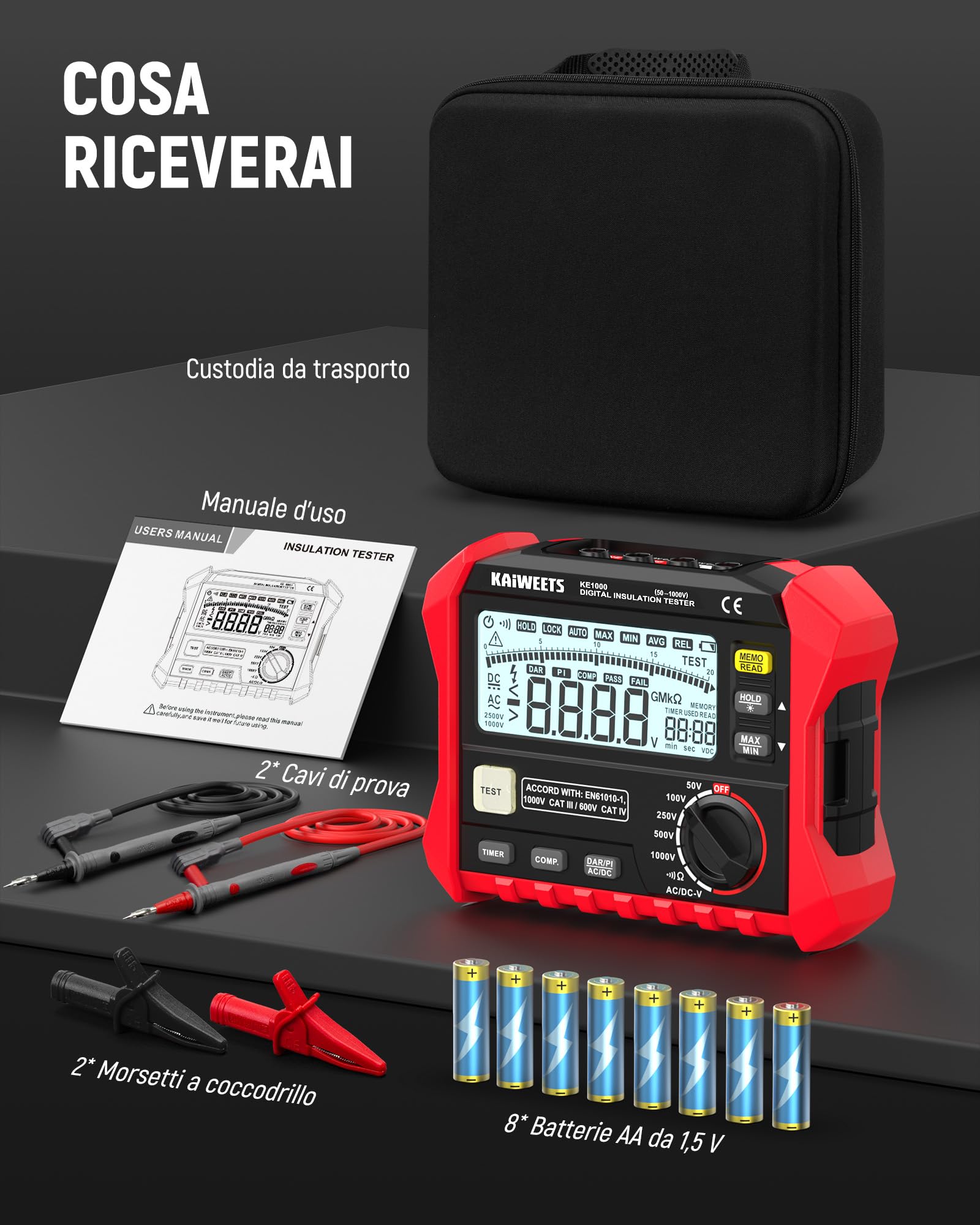 KAIWEETS Misuratore di isolamento, misuratore di resistenza di isolamento, fino a 100 GΩ, 50 V/100 V/250 V/500 V/1000 V, One Touch-DAR/PI, con prova di tensione AC/DC per motori, solare, HVAC