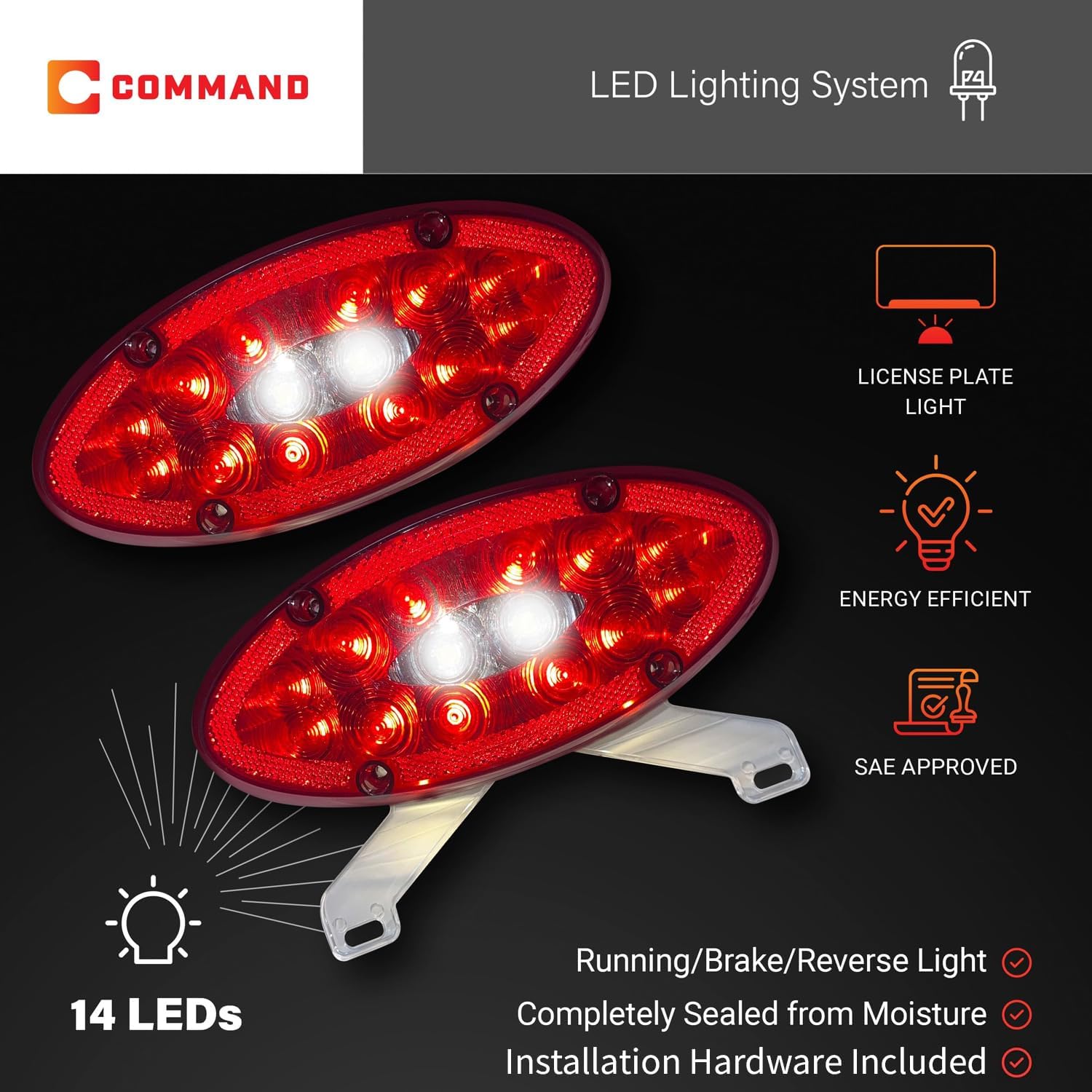 Command Electronics OEM 12V LED RV & Trailer 2-Pack Sealed Elliptical Tail Light with Backup Utility – License Plate Bracket
