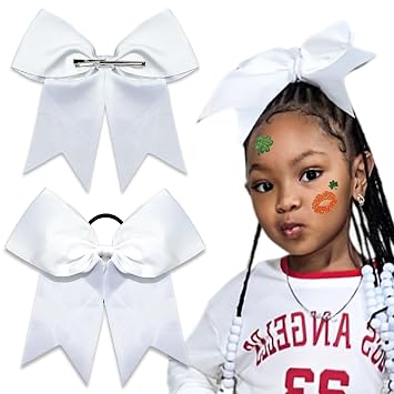 Jumbo 8 White Hair Bows Soft Cheer Bows Big Bow Hair Ties Girls Softball Football Ponytail Holder Metal Clips Scrunchies With Big Bow For Girls St. Patricks Day Accessories Gift