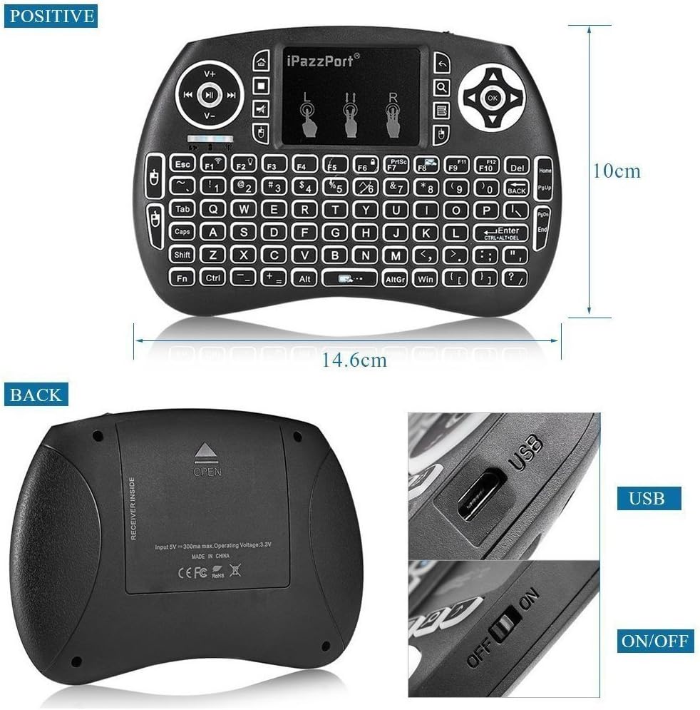 iPazzPort Backlit Wireless Mini Keyboard USB with Touchpad for Android TV Box, Nvidia Shield TV, Raspberry Pi 3 KP-810-21SL