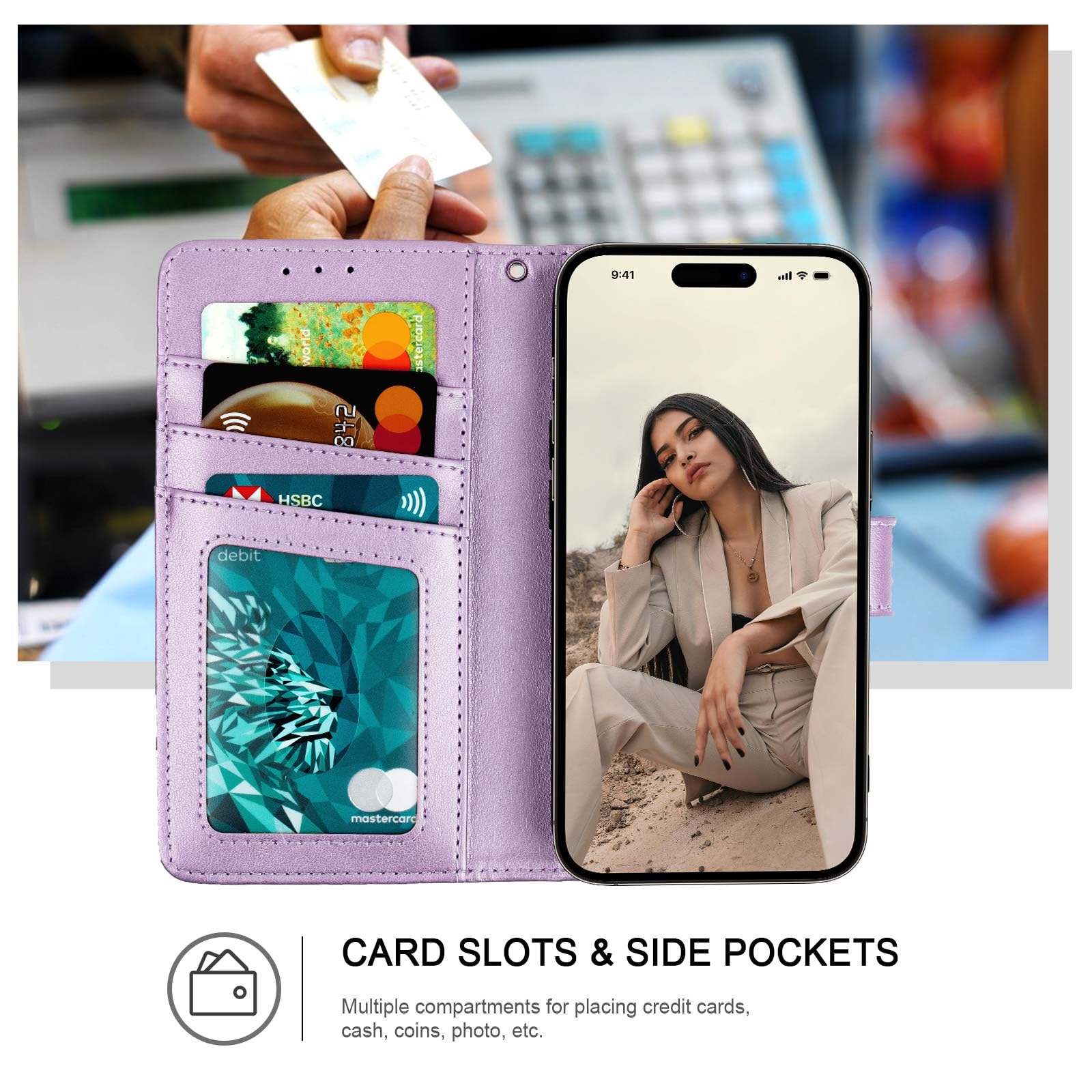 Ateeky iPhone 14 Pro Max Wallet Case, [RFID Blocking] Protective PU Leather Flip Cover with Card Slot Cash Pocket for 14 Pro Max (Light Purple)