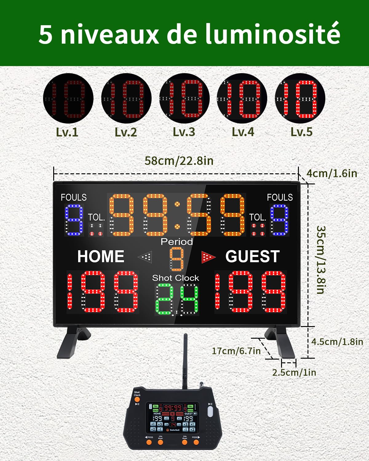 LUCKY TIME Tableau de score de basket-ball avec horloge de tir, 12/14/24/30/25/60 secondes, tableau de score numérique avec télécommande, tableau de score électronique alimenté par piles pour