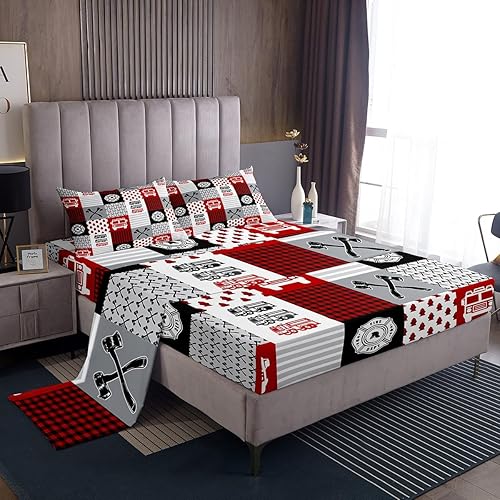 Juego de sábanas rojas para cama de coche de bomberos con bolsillo profundo, sábana bajera ajustable para decoración de habitación, juego de ropa de
