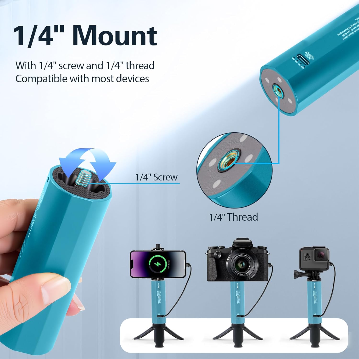 Ailight Battery Handle Grip, 5000mAh Extended Power with 20W PD Charging, Portable Charger Tripod Vlog Accessory with 1/4" Screw for GoPro Hero 13/12/11/10/9 & Insta360 DJI Action 6/5 Camera - Blue