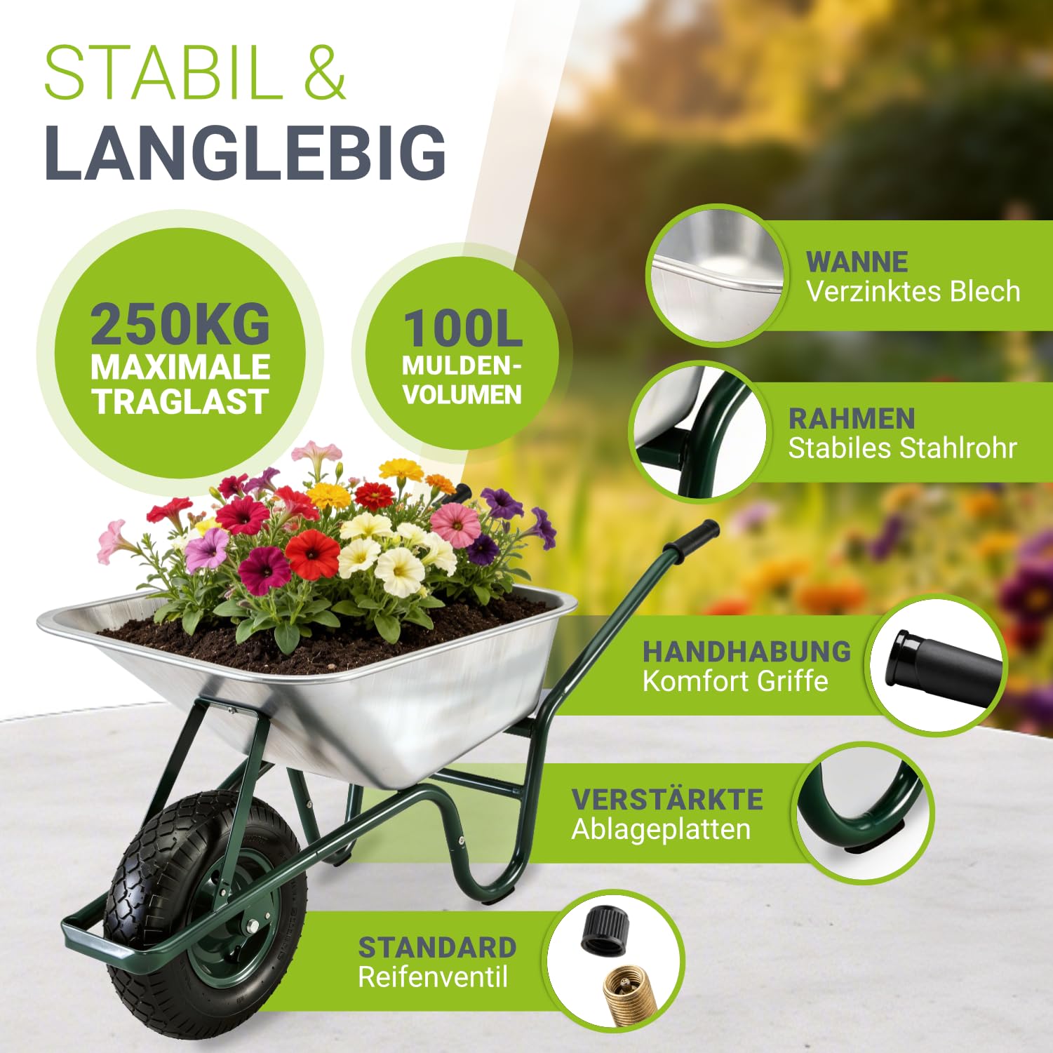 Juskys Schubkarre 100L, 250 kg – mit verzinkter Wanne, Luftreifen & Metall Felge, stabile Garten Schubkarre & Schiebkarre – Transportkarre Garden Silber