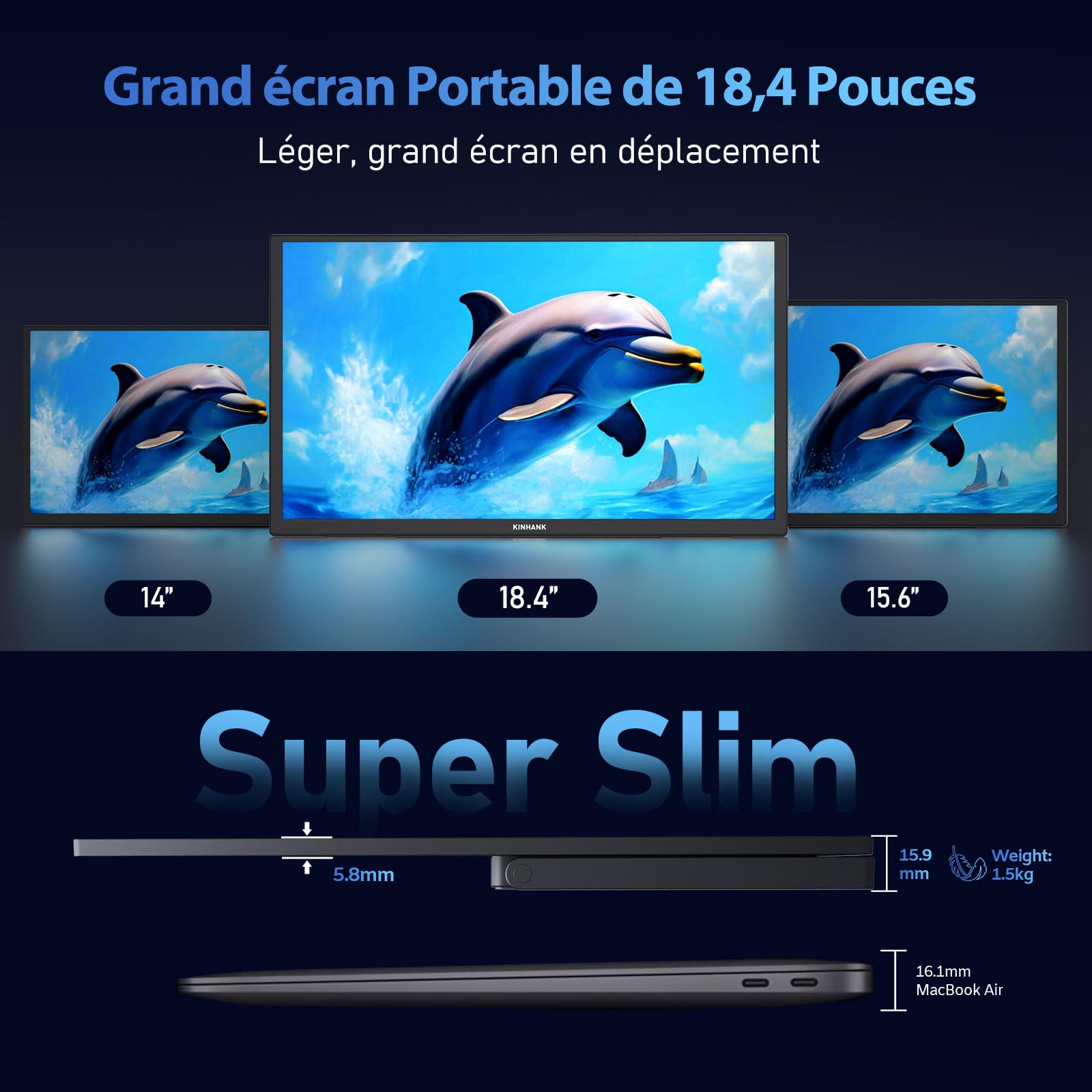 Kinhank 4K Ecran Portable, 18,4 Pouces Moniteur Portable, Google TV, 3840x2160 UHD Écran Ordinateur, HDR, 85% NTSC, IPS Mat Eye Care pour PC/portable/téléphone/tablette/Xbox/PS4/5/Switch, USB C/HDMI
