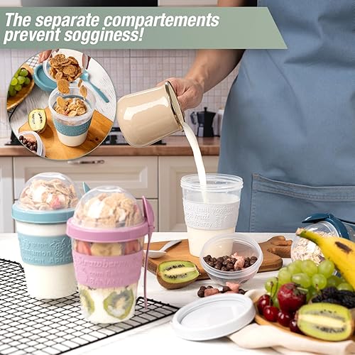 Miniatura 3 de On The Go - Tazas de yogur de cereales con tapas y cuchara, recipiente de avena durante la noche, tarro de leche de plástico reutilizable para
