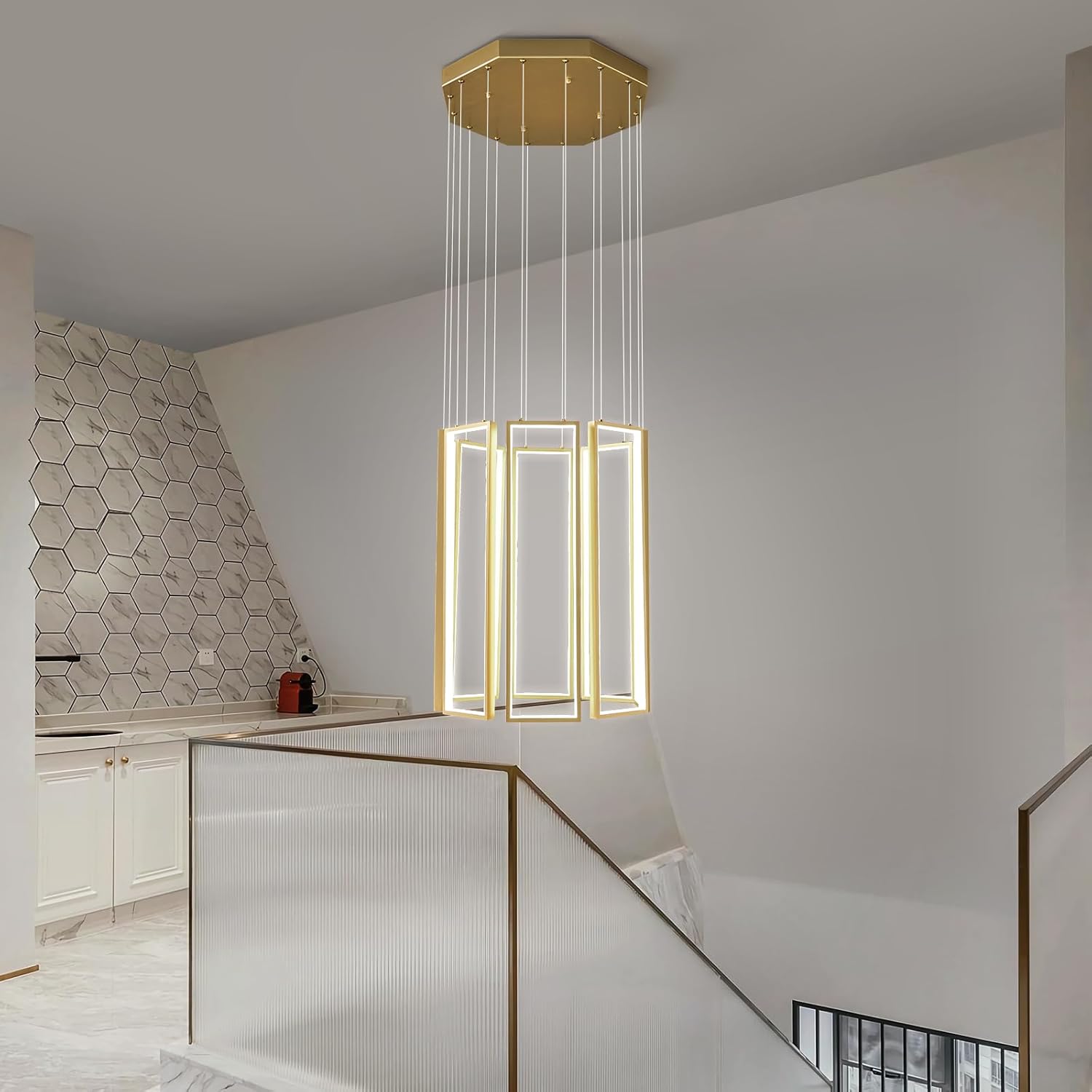 Modern Kitchen Island Dimmable Pendant Light Fixture Gold 144W LED Pendant Lights 8 Rings Rectangular Chandelier Staircase Large Chandelier Lobby Living Room Foyer High Ceiling Chandeliers