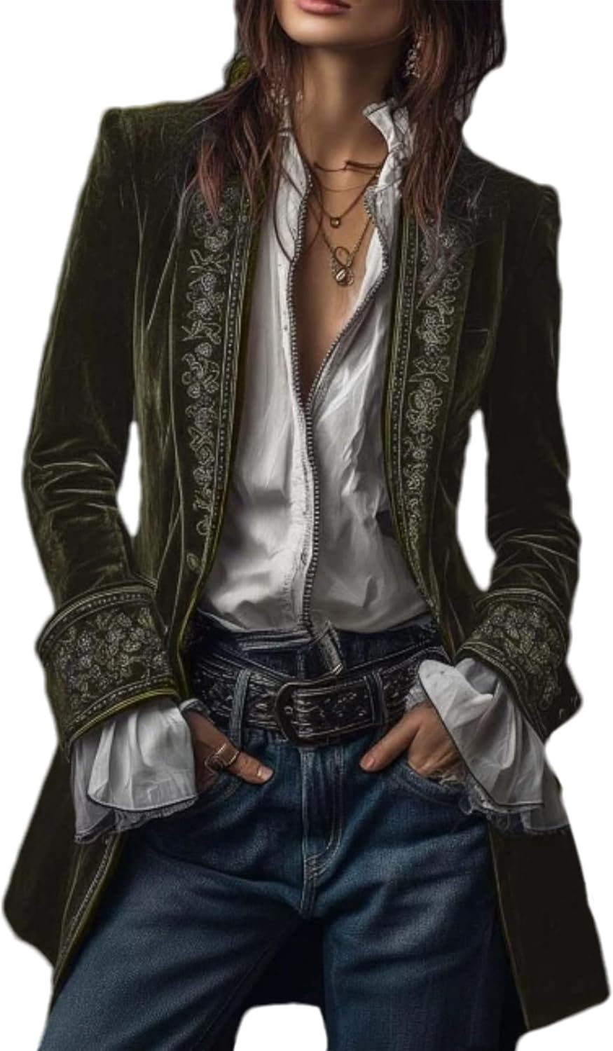 Women's Velour Embroidered Suit Blazers Jacket Long Sleeve Lightweight Gothic Velvet Cardigan Outerwear